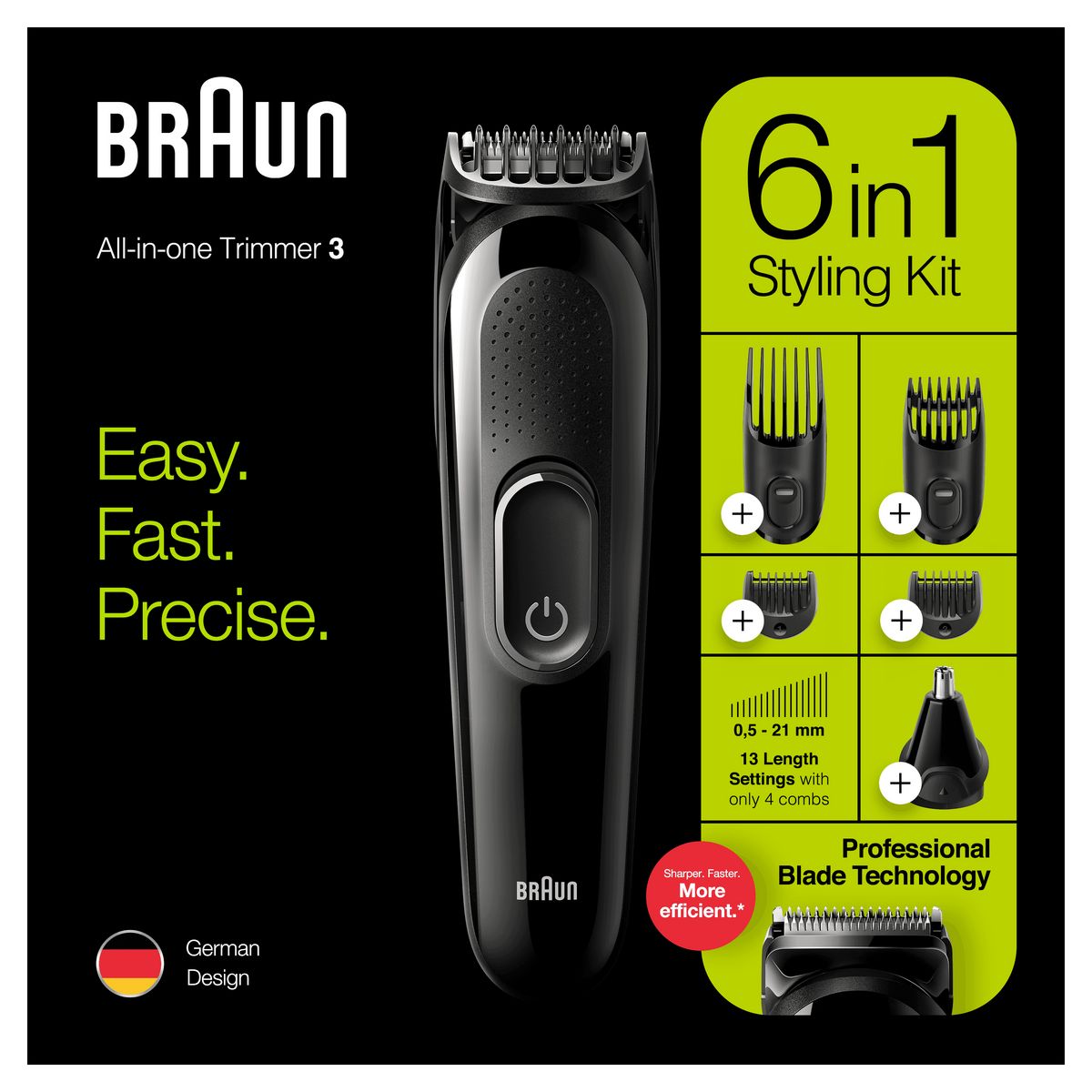 BRAUN Braun 3 MGK3220 Tondeuse 6-En-1 Tout-En-Un - Tondeuse Barbe, Cheveux Et Visage Avec Lames Affûtées Inusables, Tondeuse Oreilles Et Nez, 5&nbsp;Accessoires, Noir