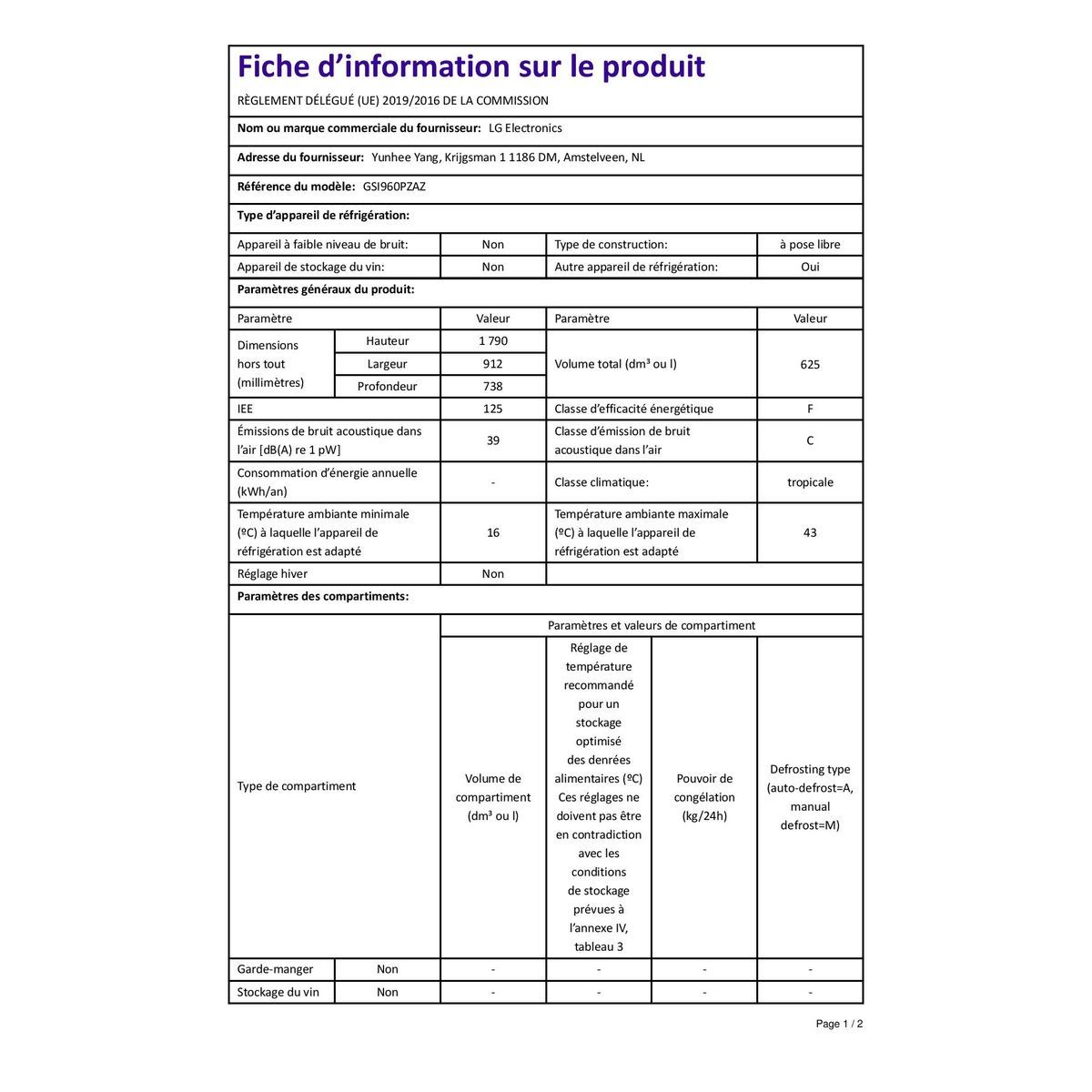 LG Réfrigérateur américain GSI960PZAZ, 625 l, Froid ventilé No frost