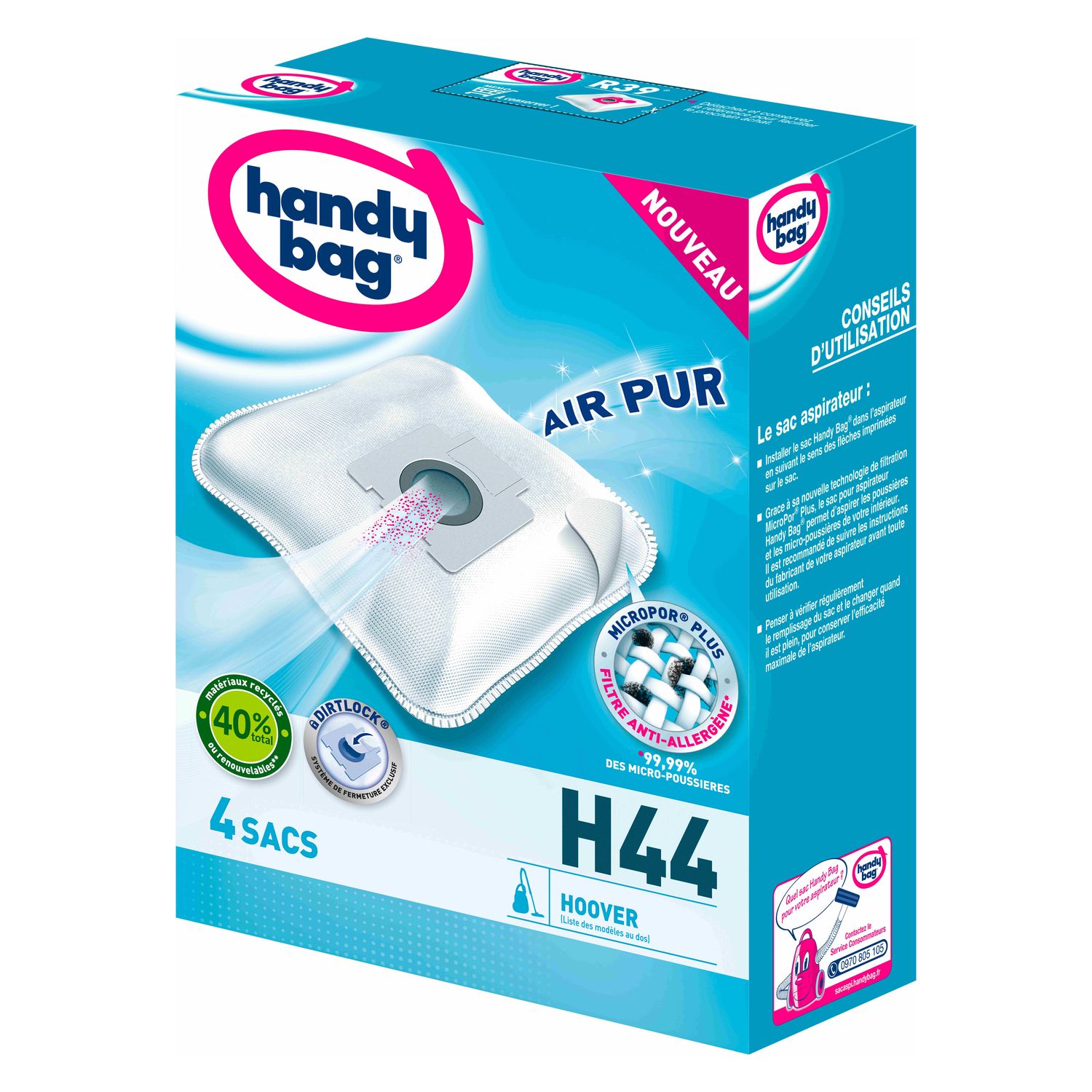 Voir la diapositive 2 : HANDY BAG Lot de sac aspirateur BAG H44