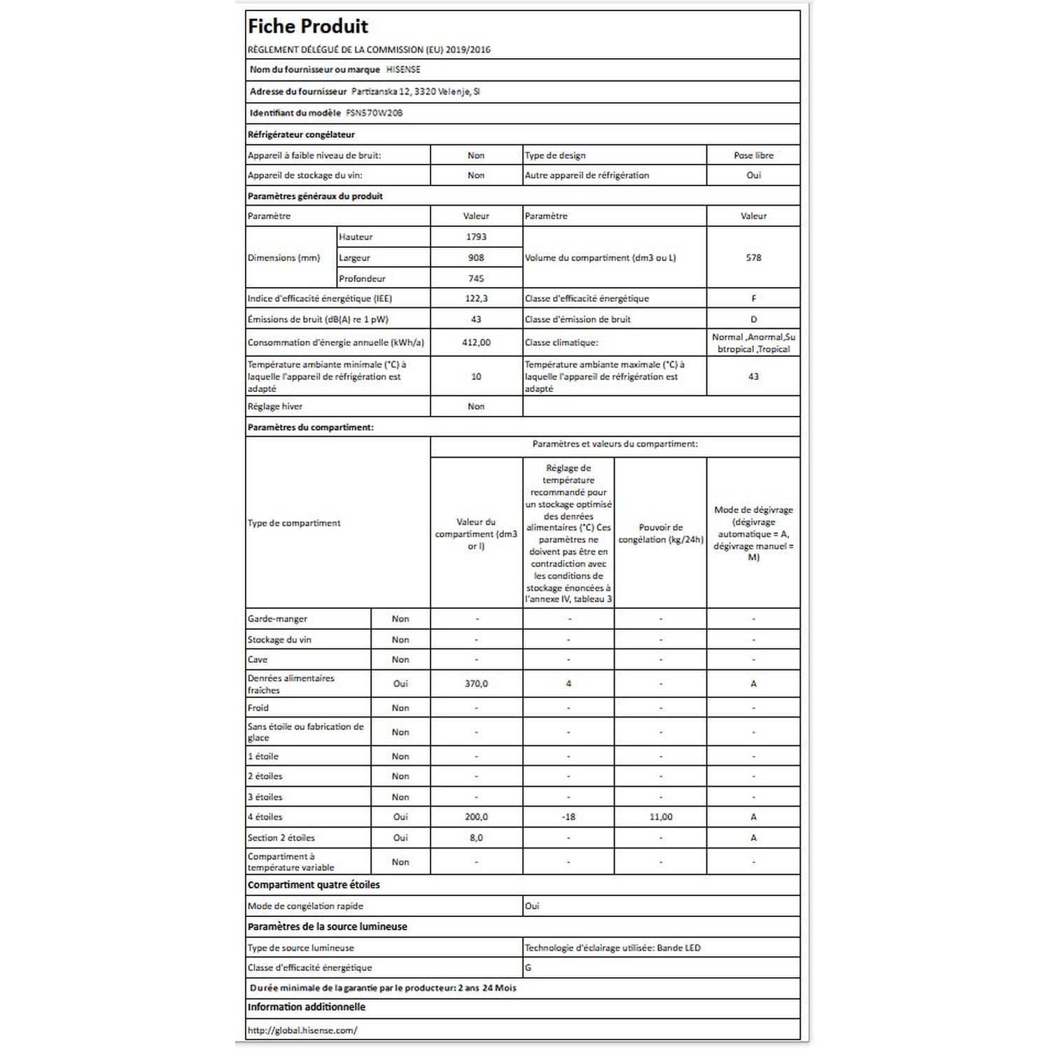 Voir la diapositive 2 : HISENSE Réfrigérateur américain FSN570W20B, 562 L, Froid ventilé No frost