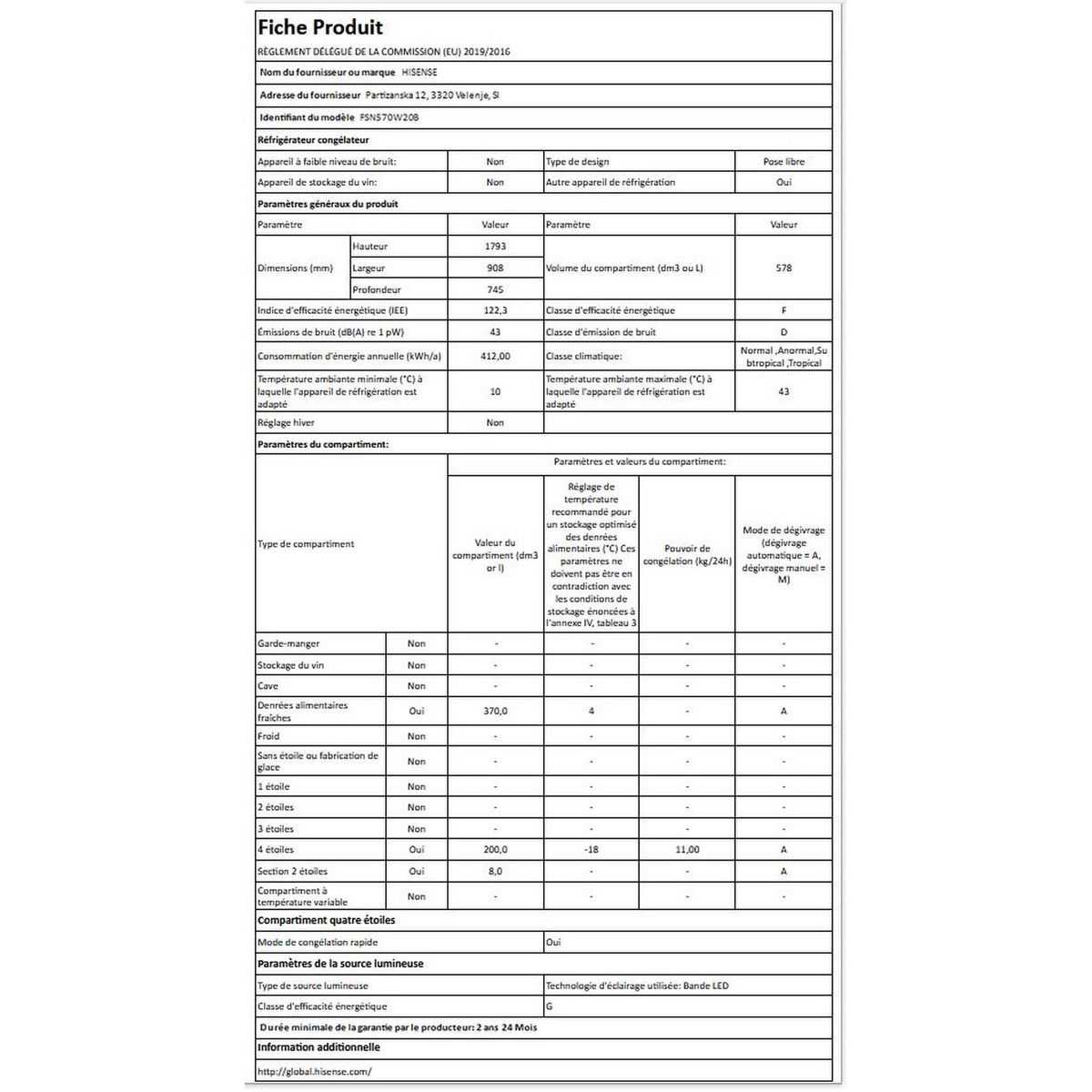 HISENSE Réfrigérateur américain FSN570W20B, 562 L, Froid ventilé No frost