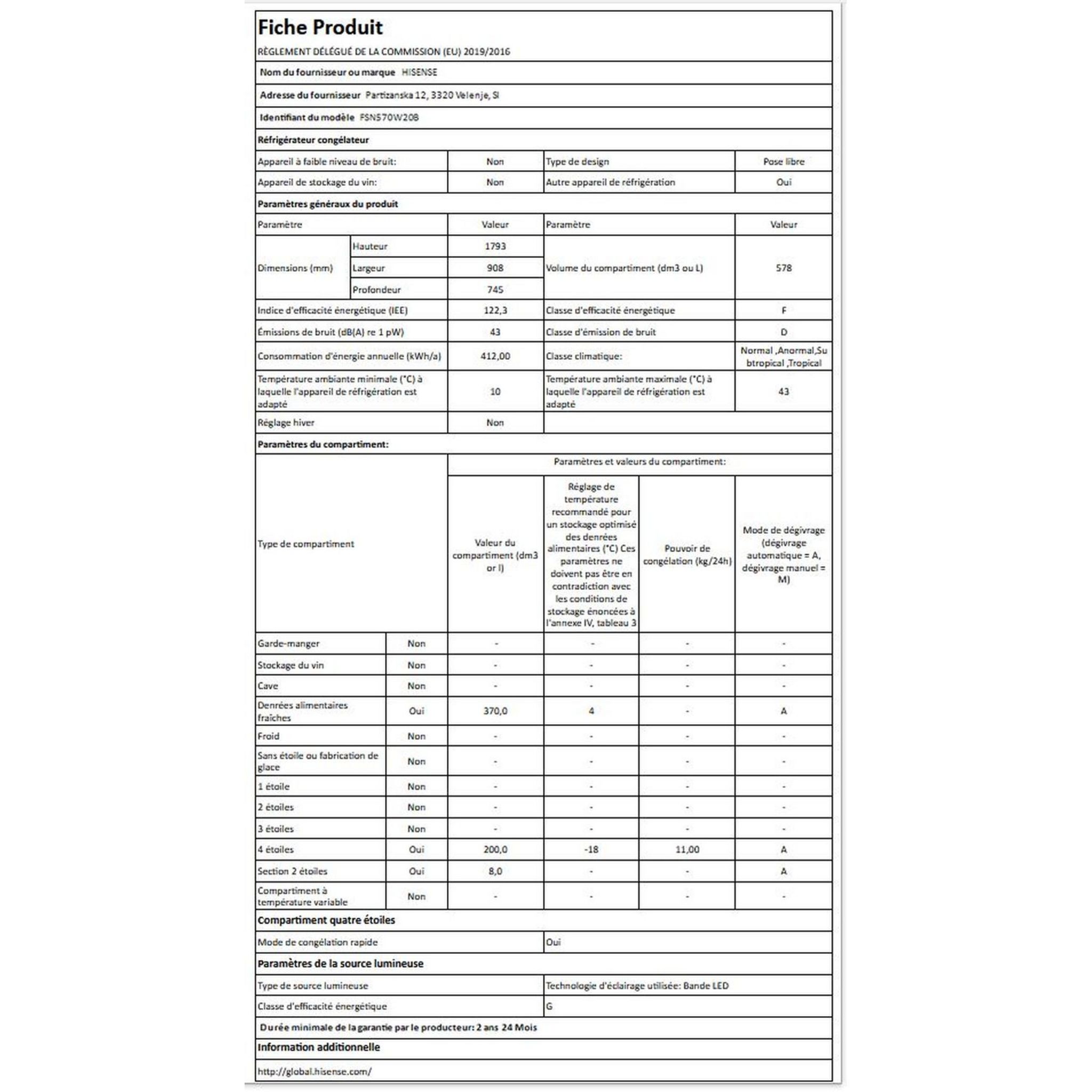 Voir la diapositive 2 : HISENSE Réfrigérateur américain FSN570W20B, 562 L, Froid ventilé No frost