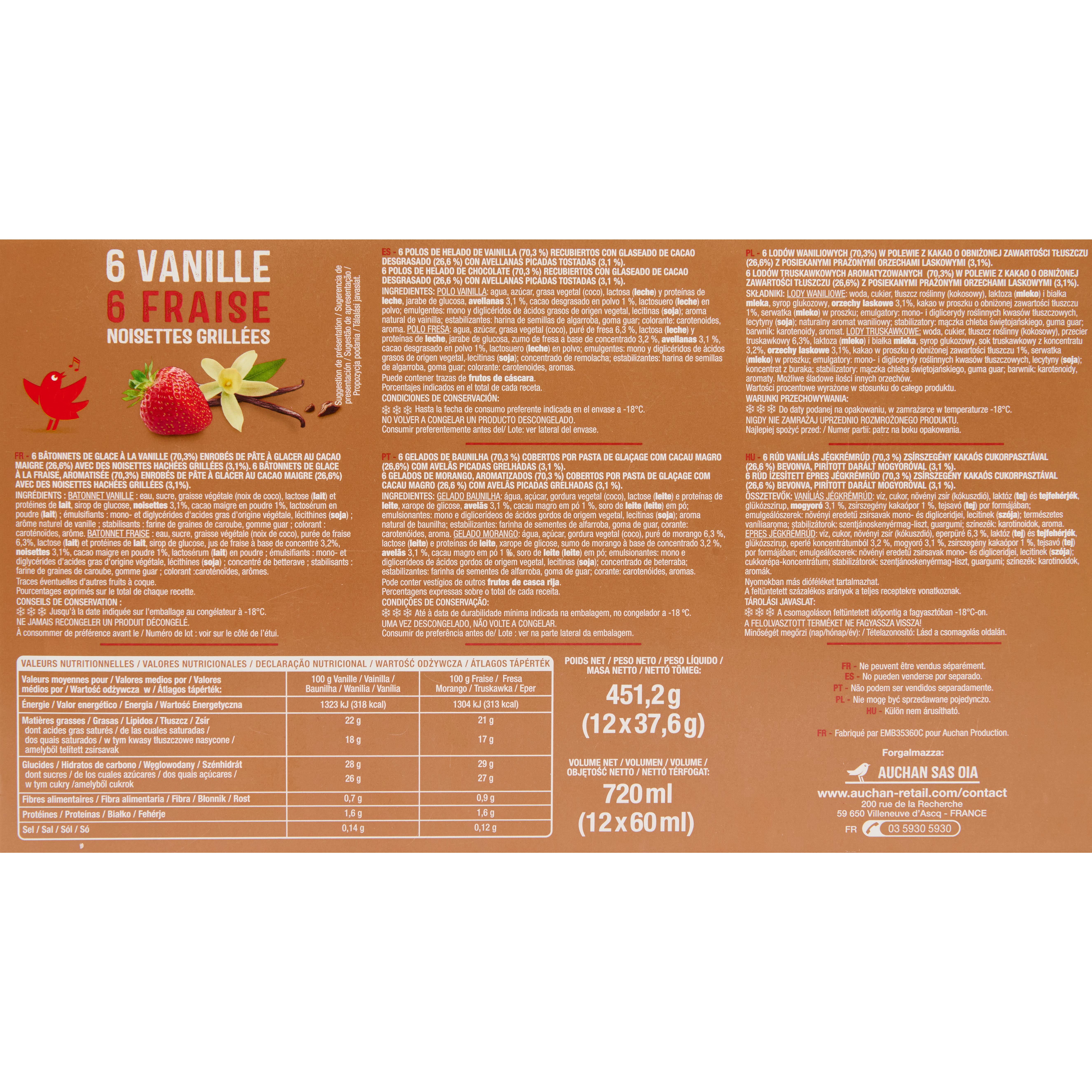 Voir la diapositive 2 : AUCHAN Bâtonnets glacés vanille fraise 12 pièces 450g