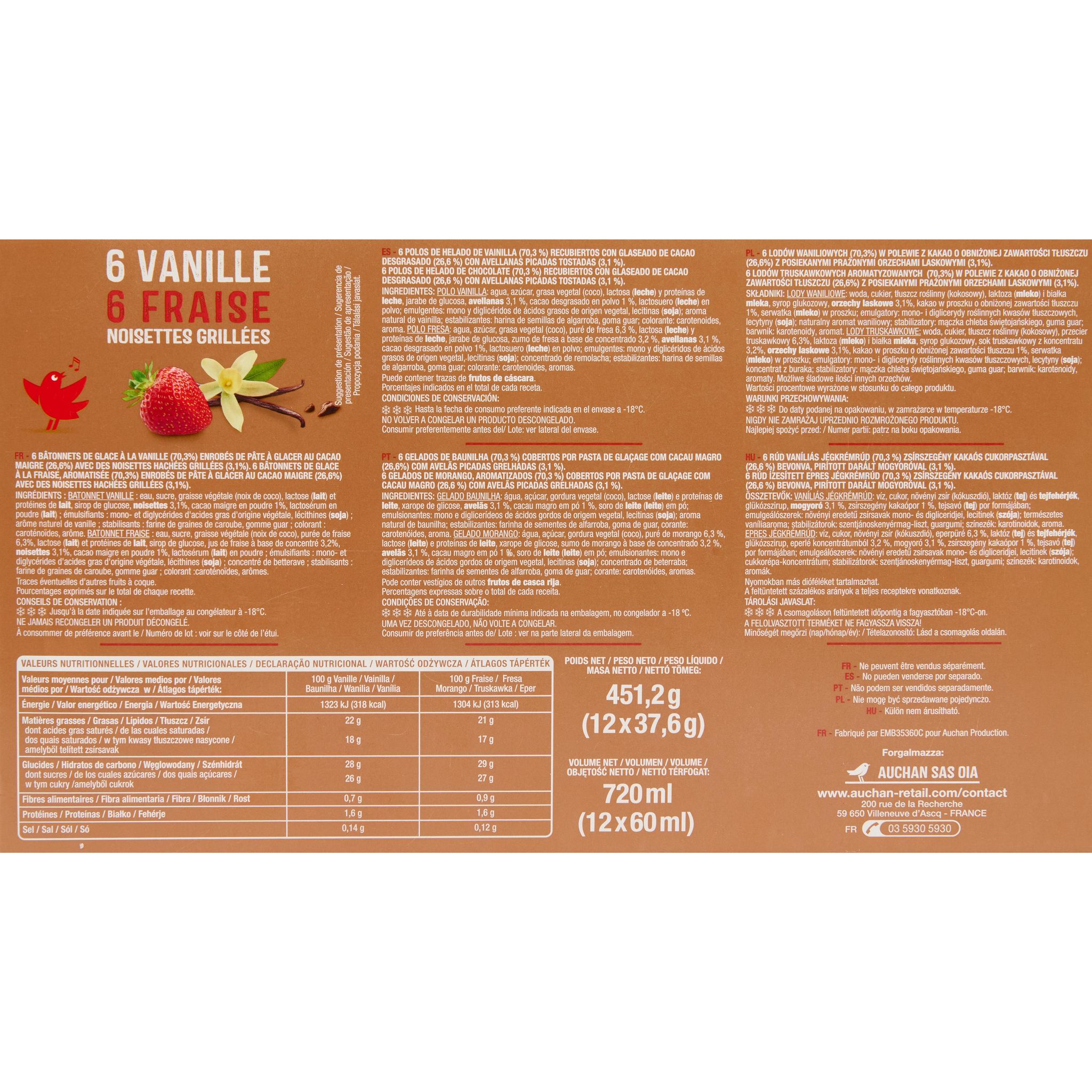 Voir la diapositive 2 : AUCHAN Bâtonnets glacés vanille fraise 12 pièces 450g