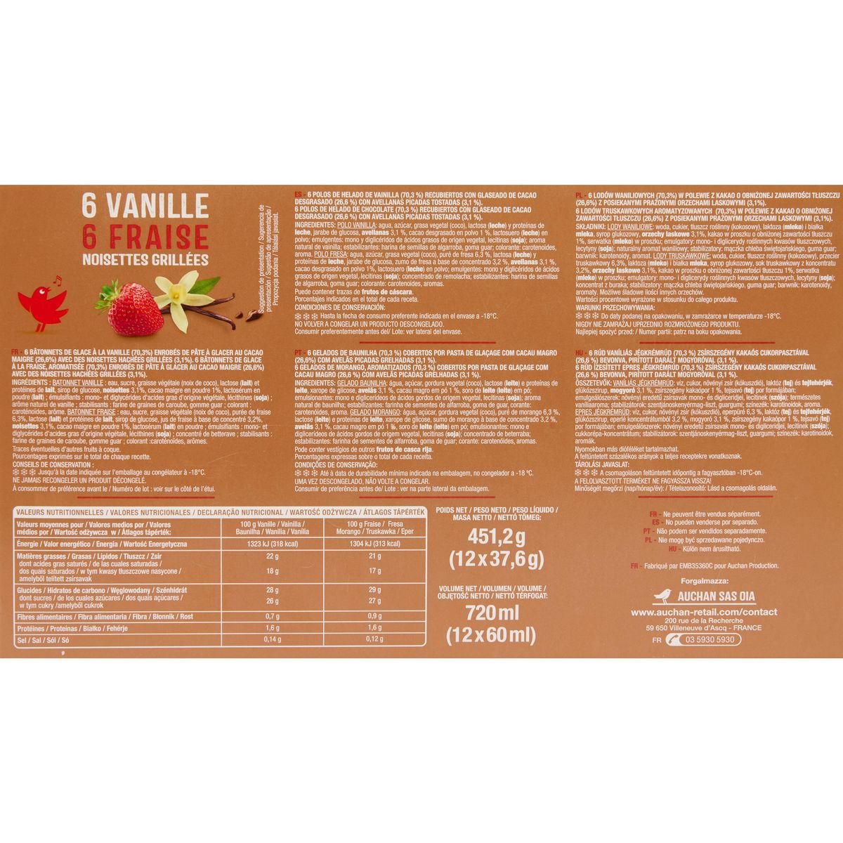 AUCHAN Bâtonnets glacés vanille fraise 12 pièces 450g