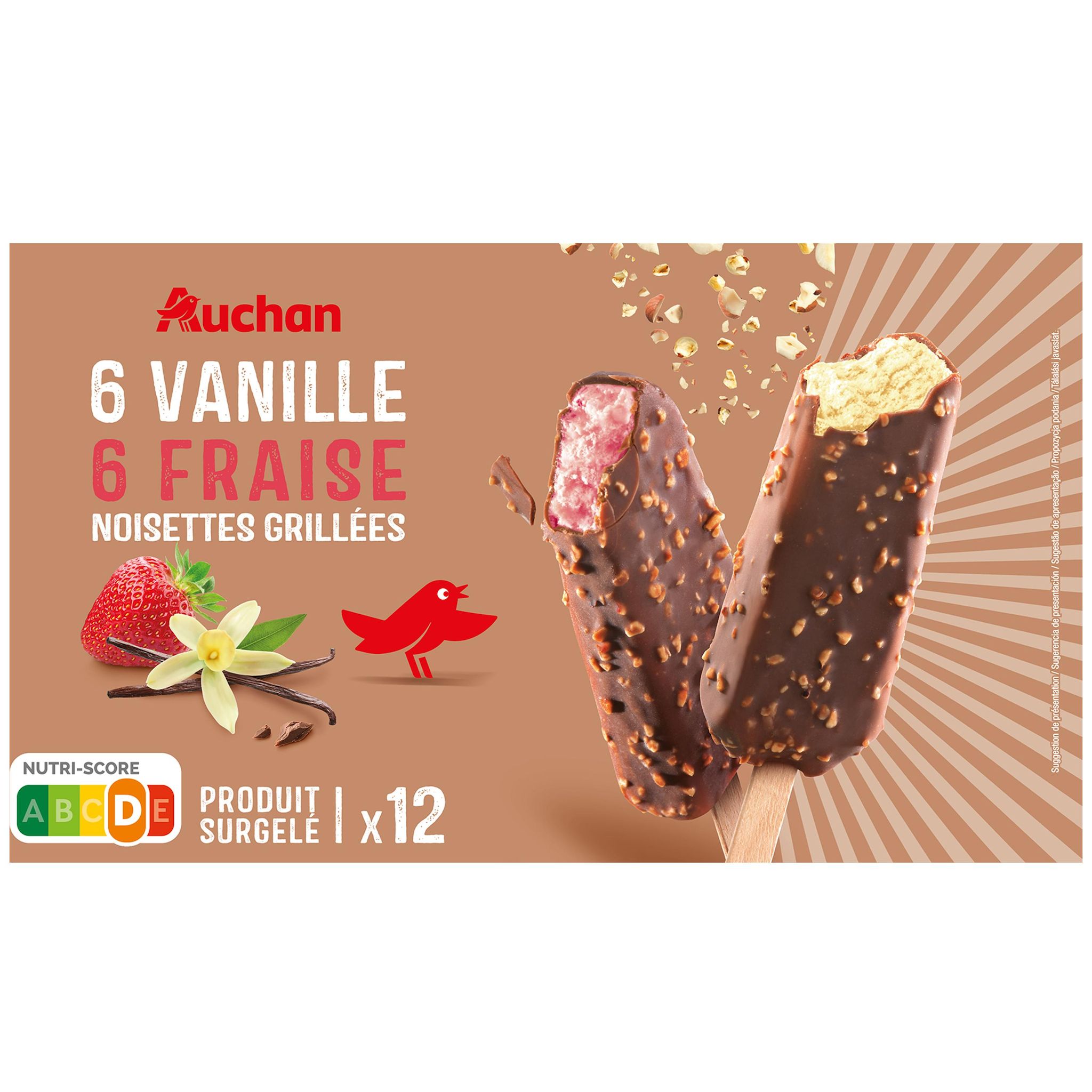 Voir la diapositive 3 : AUCHAN Bâtonnets glacés vanille fraise 12 pièces 450g
