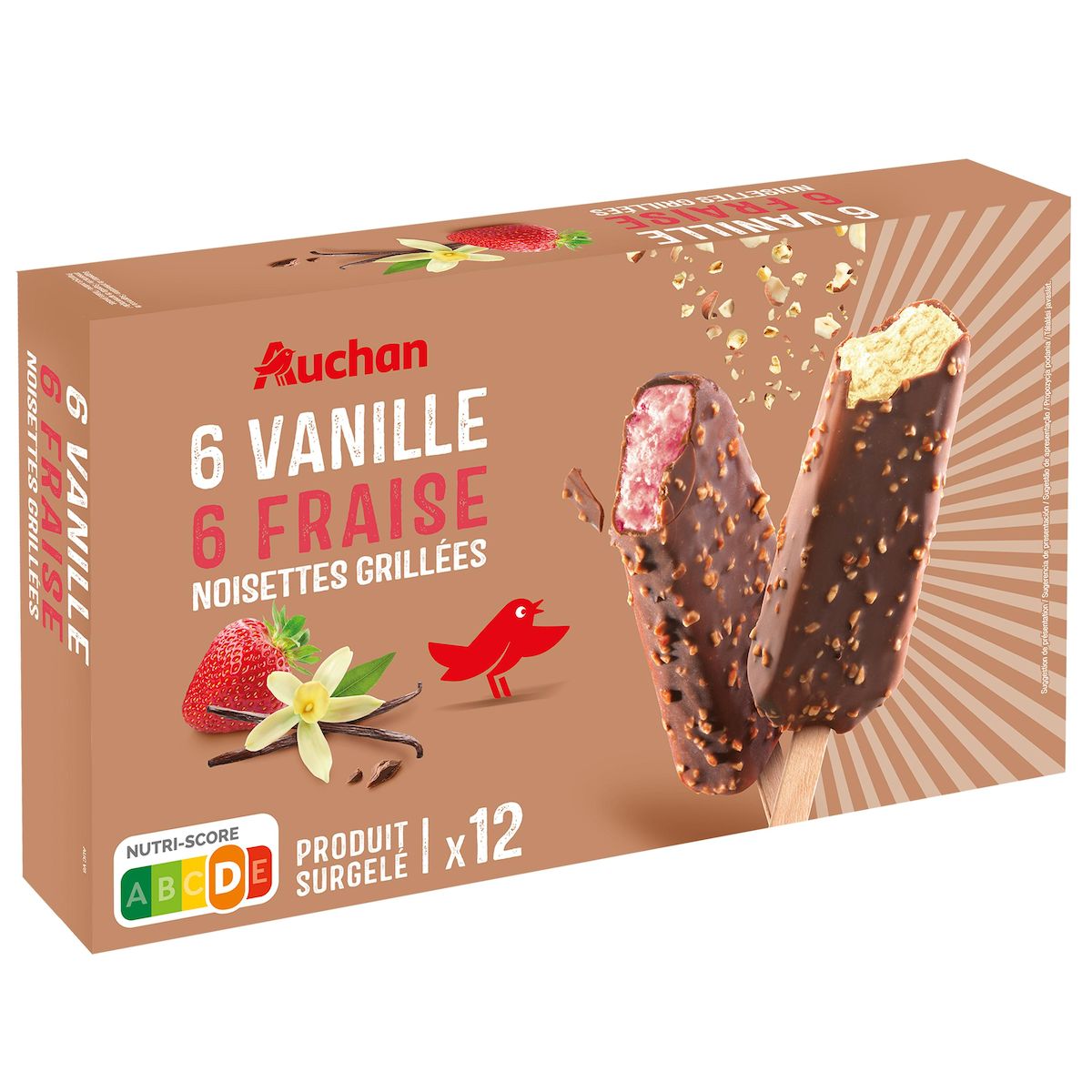AUCHAN Bâtonnets glacés vanille fraise 12 pièces 450g