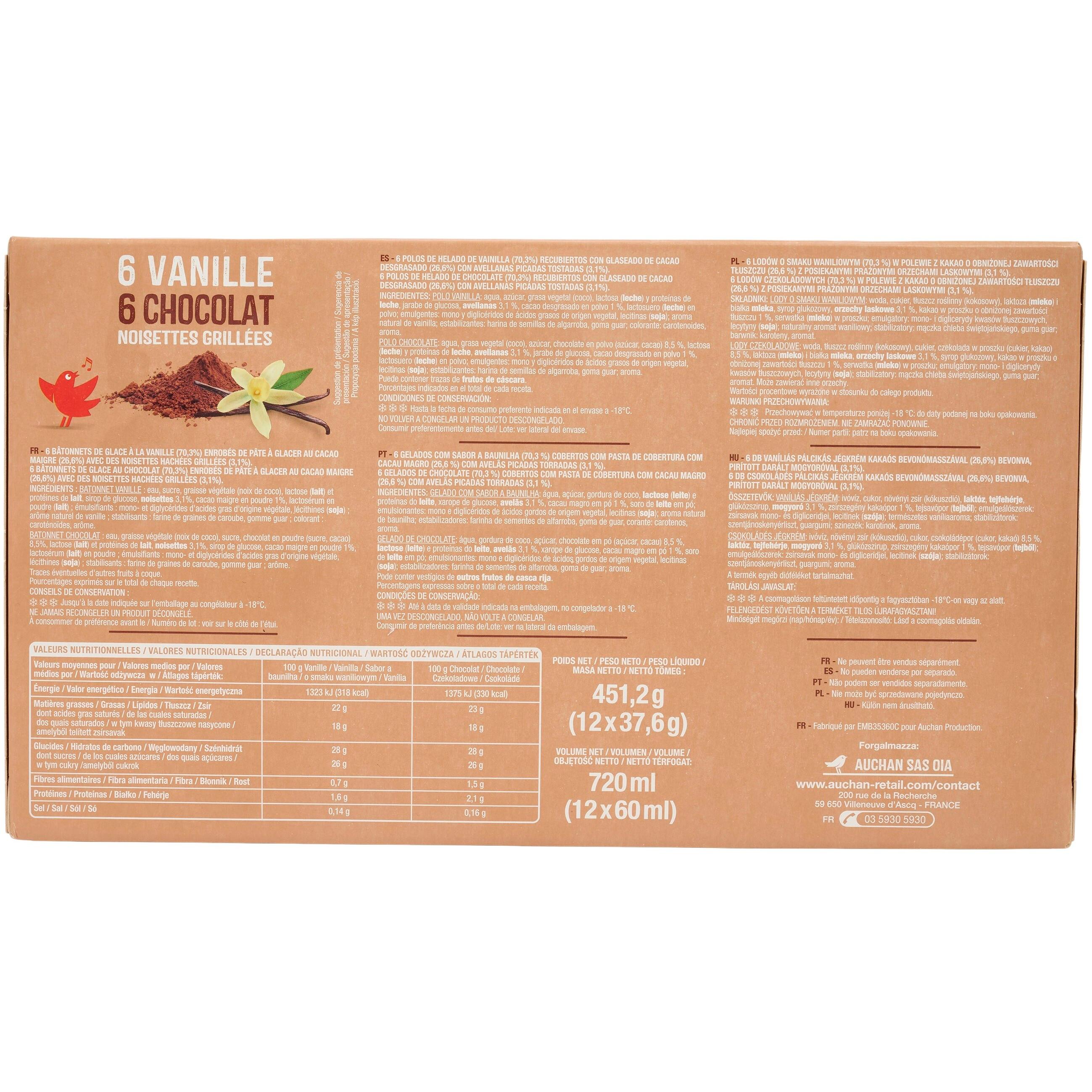 Voir la diapositive 2 : AUCHAN Bâtonnets assortiment vanille et chocolat x12 450g