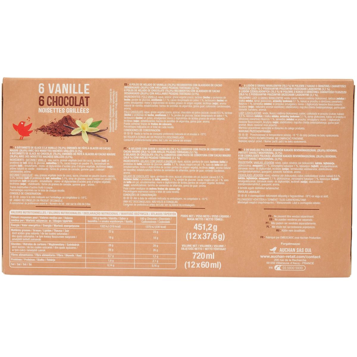 AUCHAN Bâtonnets assortiment vanille et chocolat x12 450g