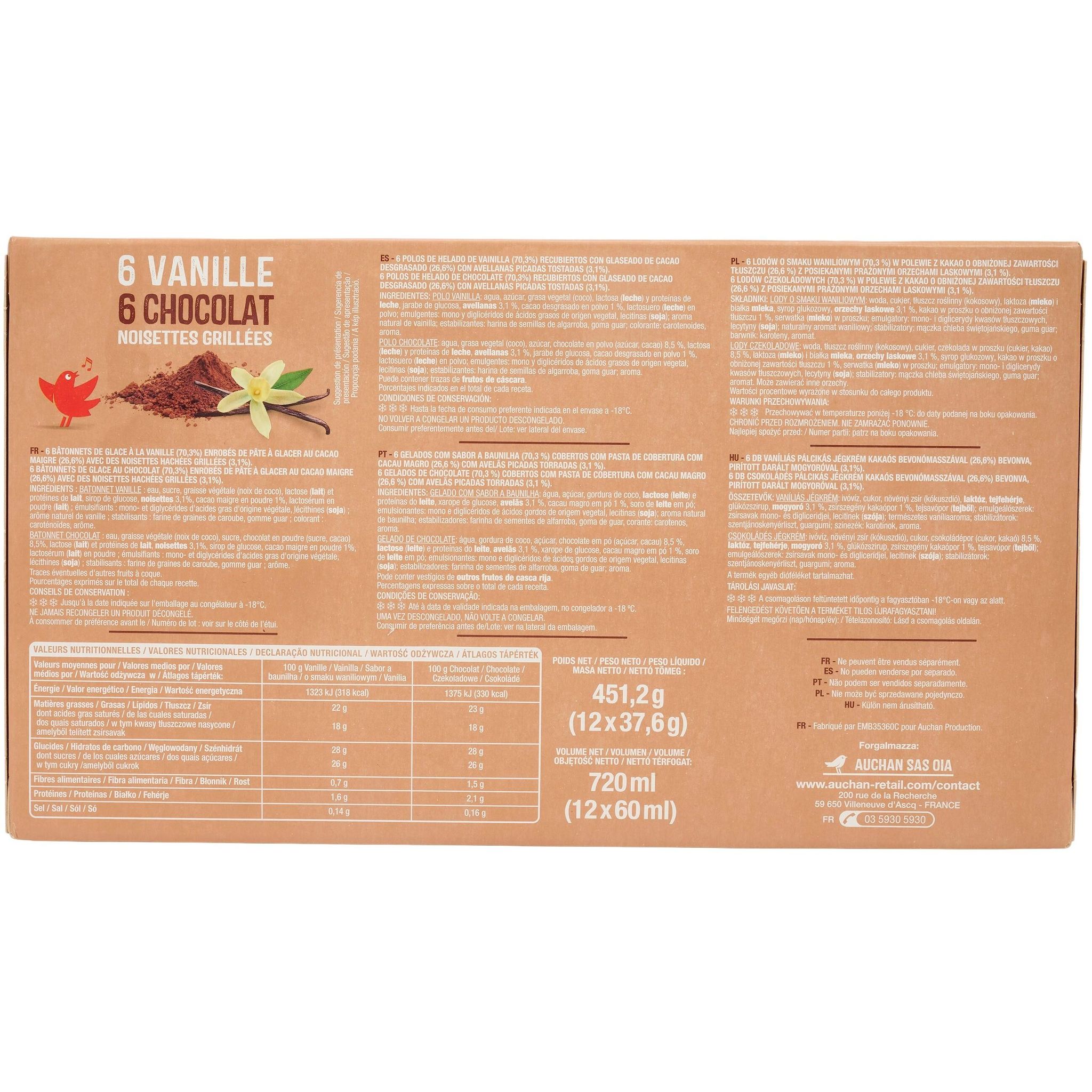 Voir la diapositive 3 : AUCHAN Bâtonnets assortiment vanille et chocolat x12 450g