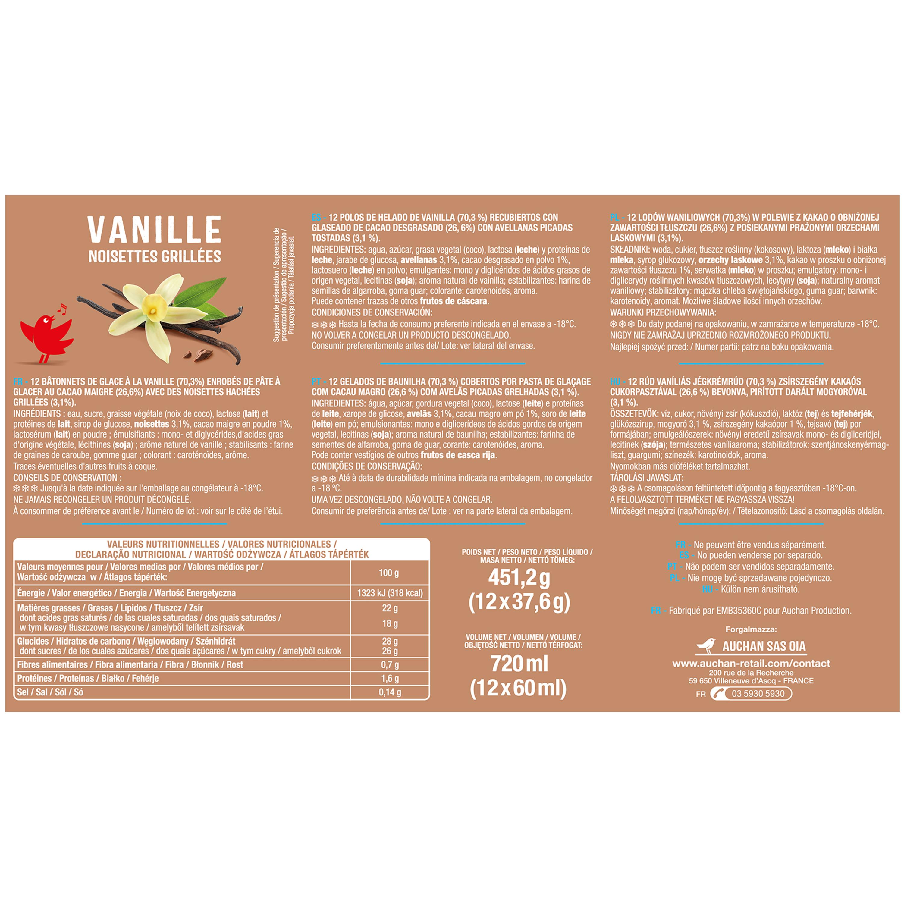 Voir la diapositive 2 : AUCHAN Bâtonnets glacés à la vanille 12 pièces 450g