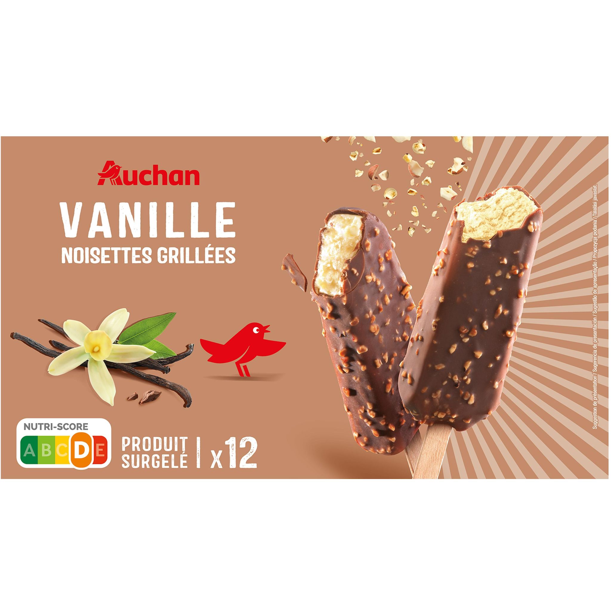 Voir la diapositive 2 : AUCHAN Bâtonnets glacés à la vanille 12 pièces 450g