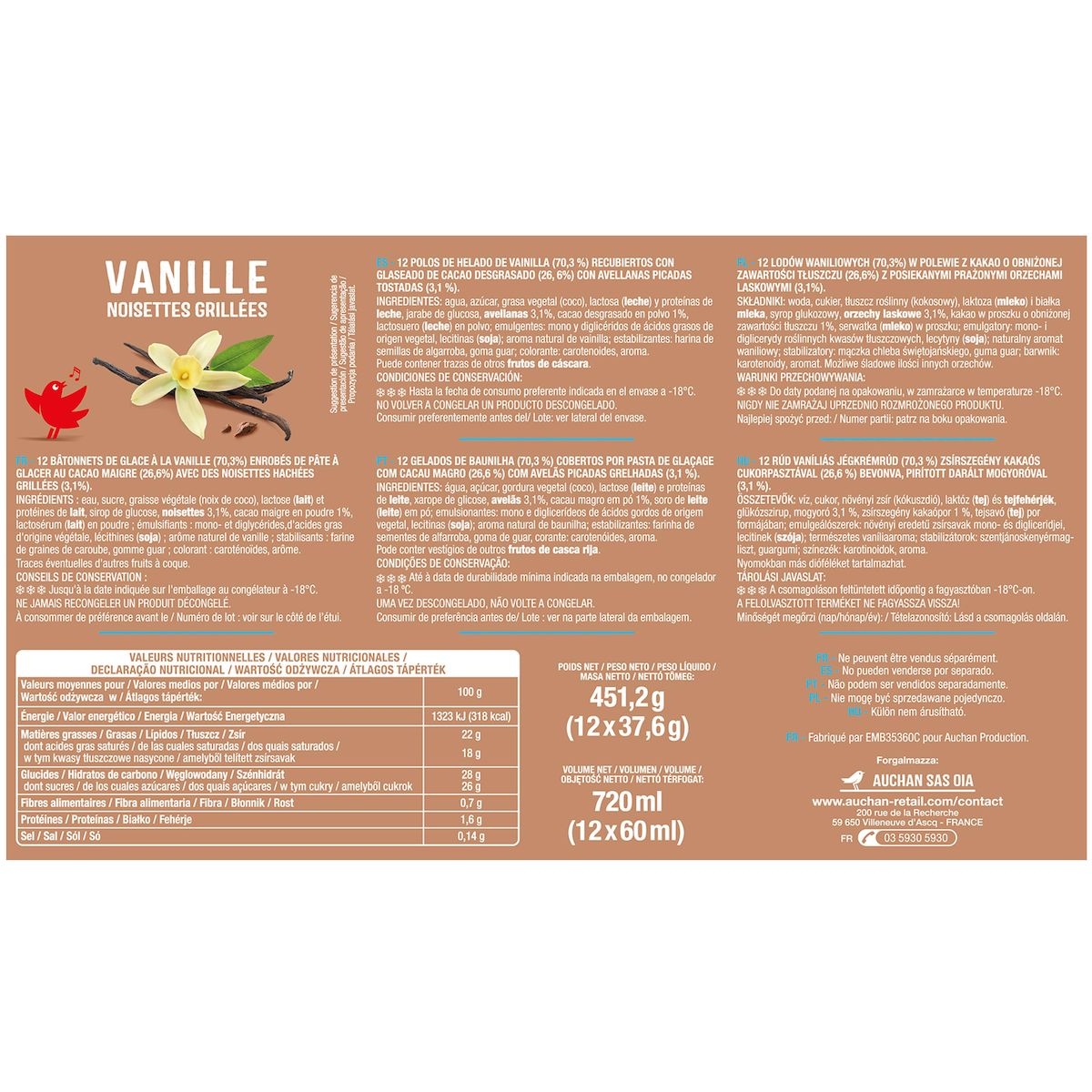 AUCHAN Bâtonnets glacés à la vanille 12 pièces 450g