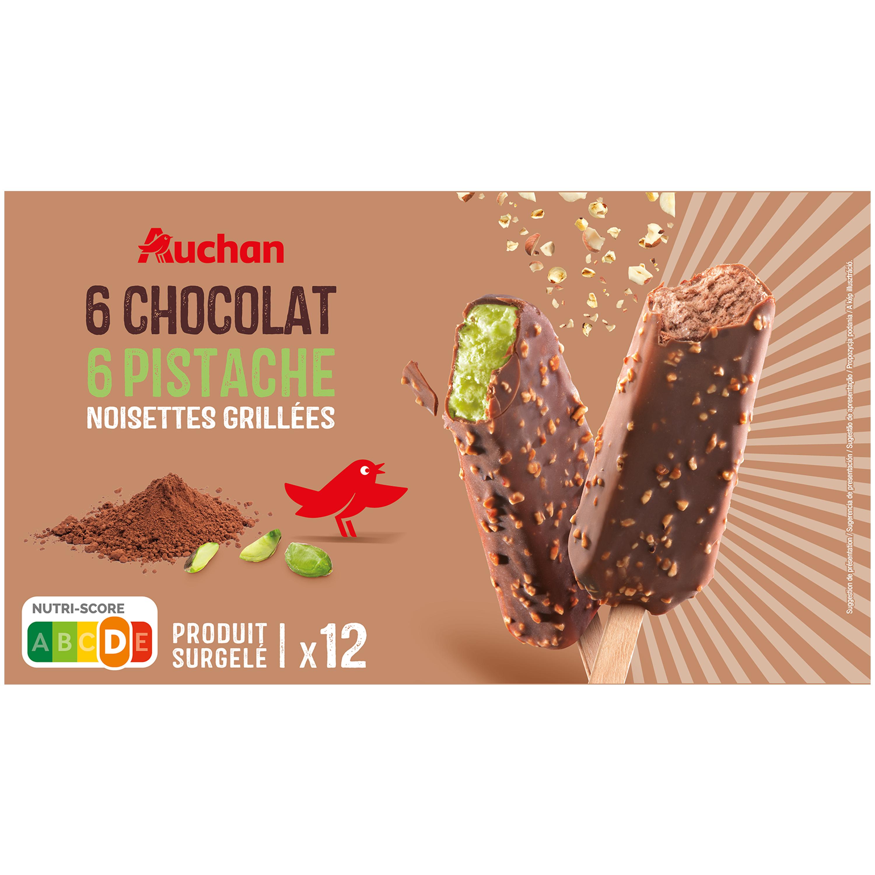 Voir la diapositive 2 : AUCHAN Bâtonnets glacés au chocolat et pistache 12 pièces 450g
