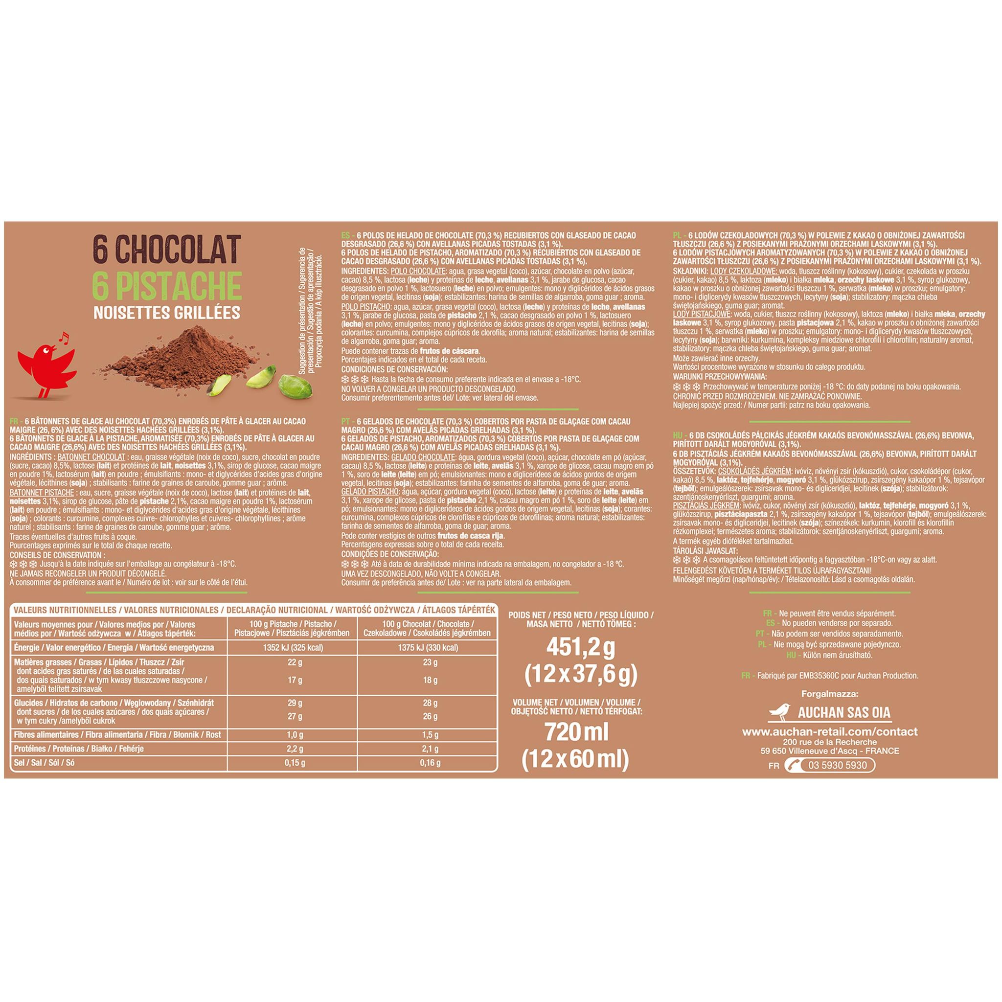 Voir la diapositive 2 : AUCHAN Bâtonnets glacés au chocolat et pistache 12 pièces 450g