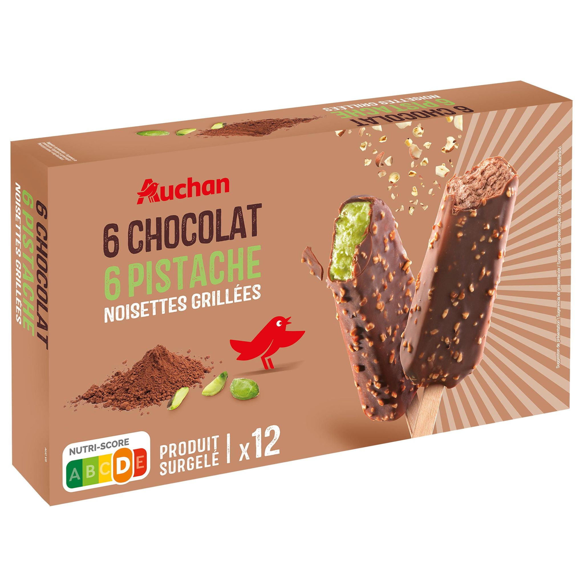 Voir la diapositive 4 : AUCHAN Bâtonnets glacés au chocolat et pistache 12 pièces 450g