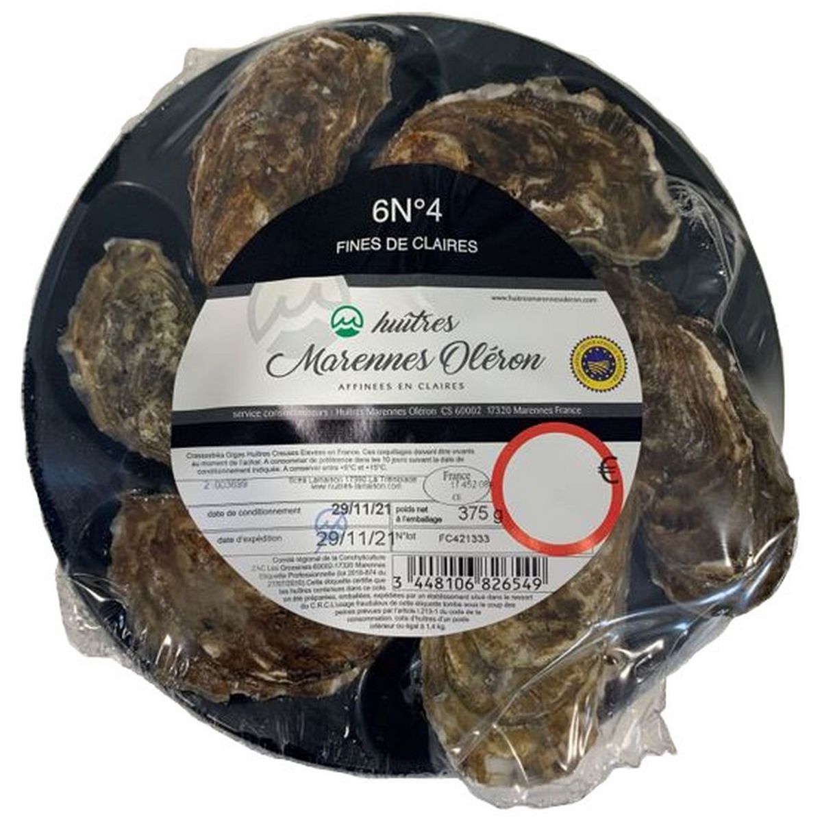 Assiette d'huîtres creuses fines de claire n°4 Marennes Oléron 6 pièces