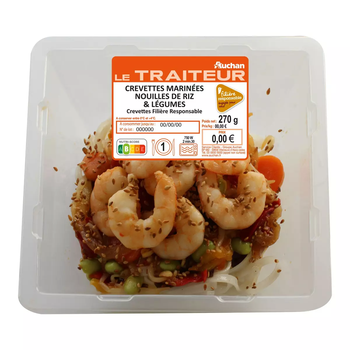 AUCHAN LE TRAITEUR Crevettes marinées nouilles de riz et légumes 1 portion 270g