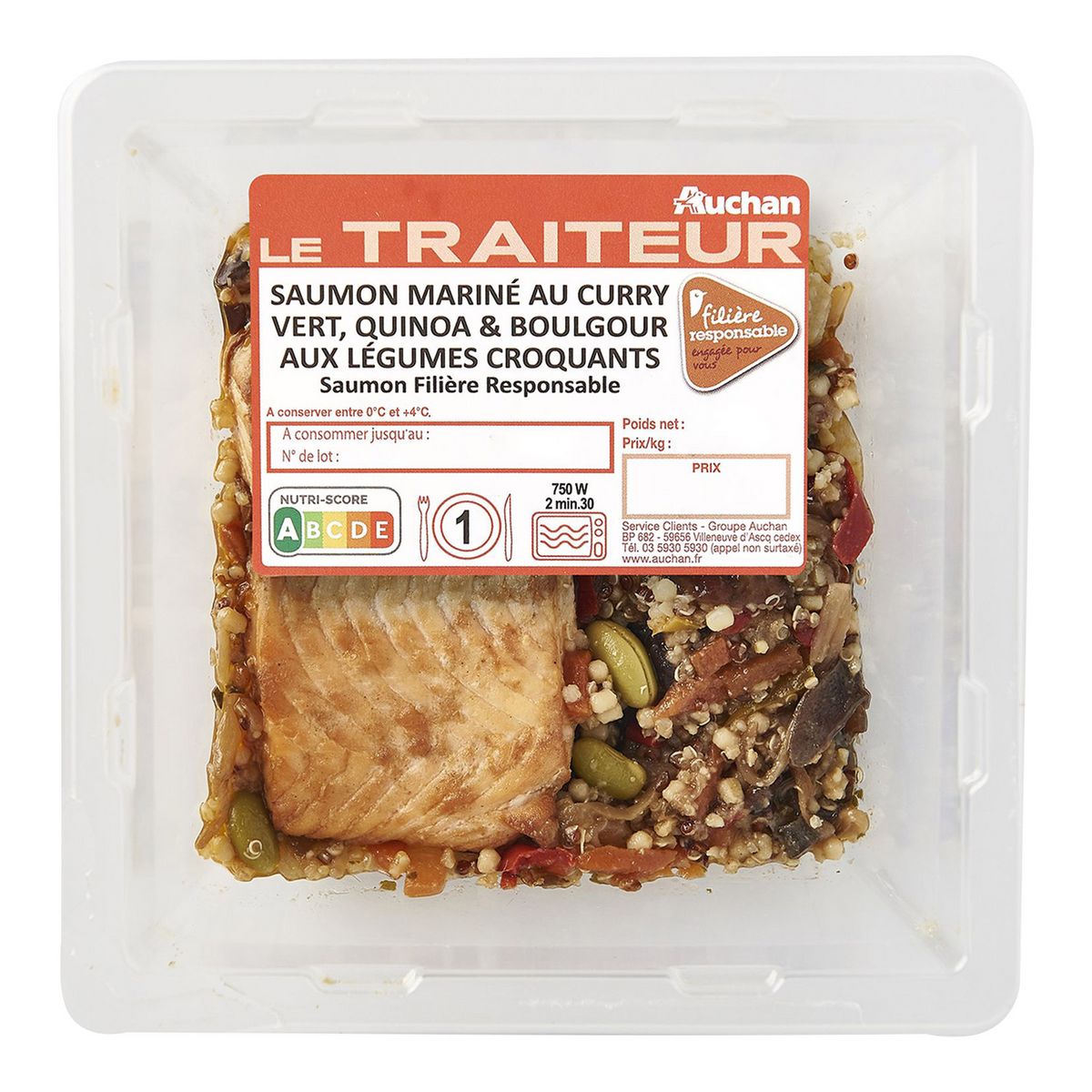 AUCHAN LE TRAITEUR Saumon mariné au curry vert, quinoa et boulgour 1 portion 270g