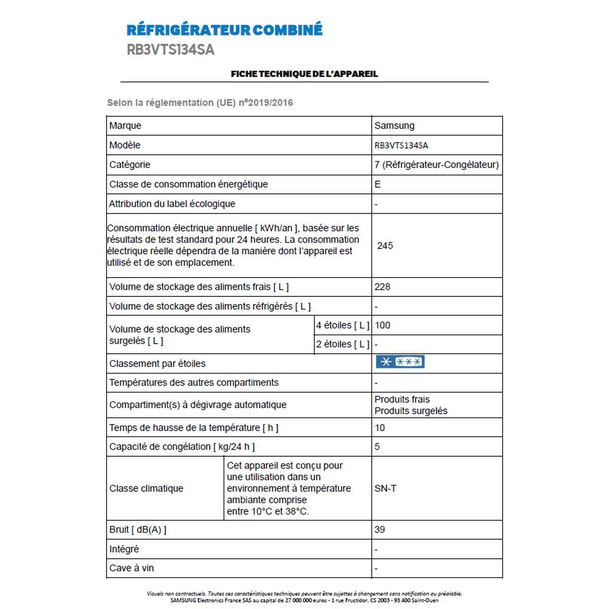 SAMSUNG Réfrigérateur combiné RB3VTS134SA, 328 L, Froid ventilé No frost