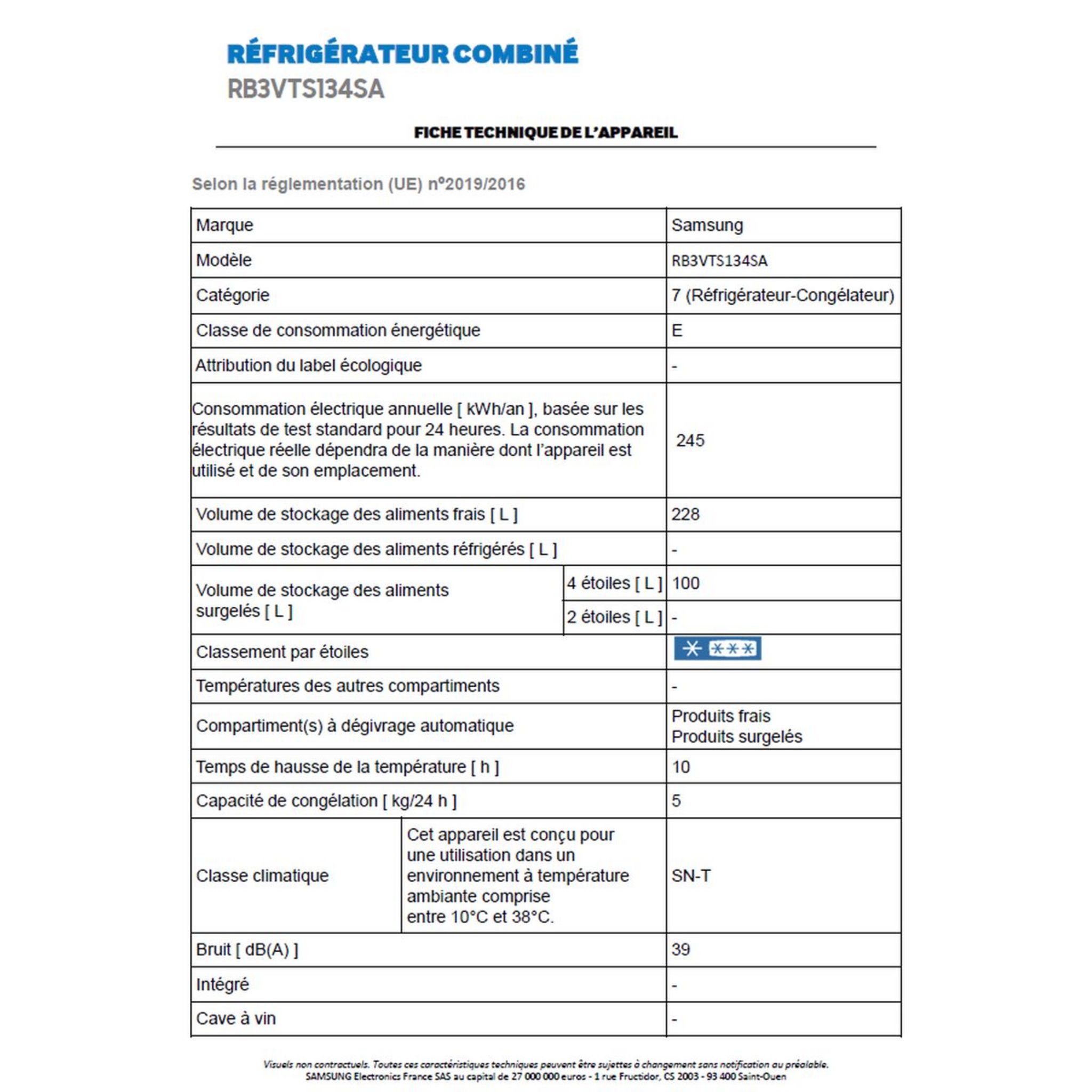 Voir la diapositive 4 : SAMSUNG Réfrigérateur combiné RB3VTS134SA, 328 L, Froid ventilé No frost