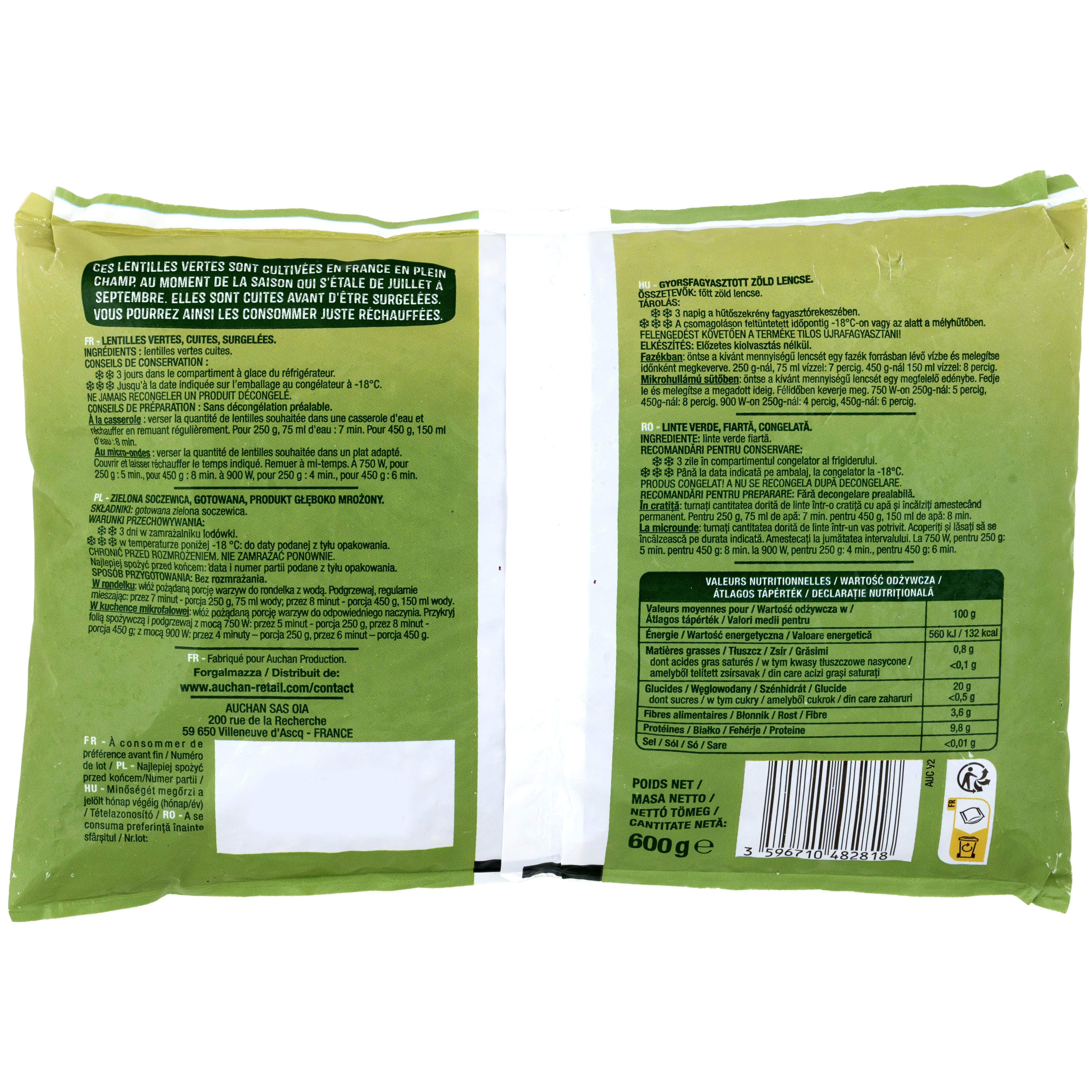Voir la diapositive 2 : AUCHAN Déjà cuit - Lentilles vertes 3-4 portions 600g