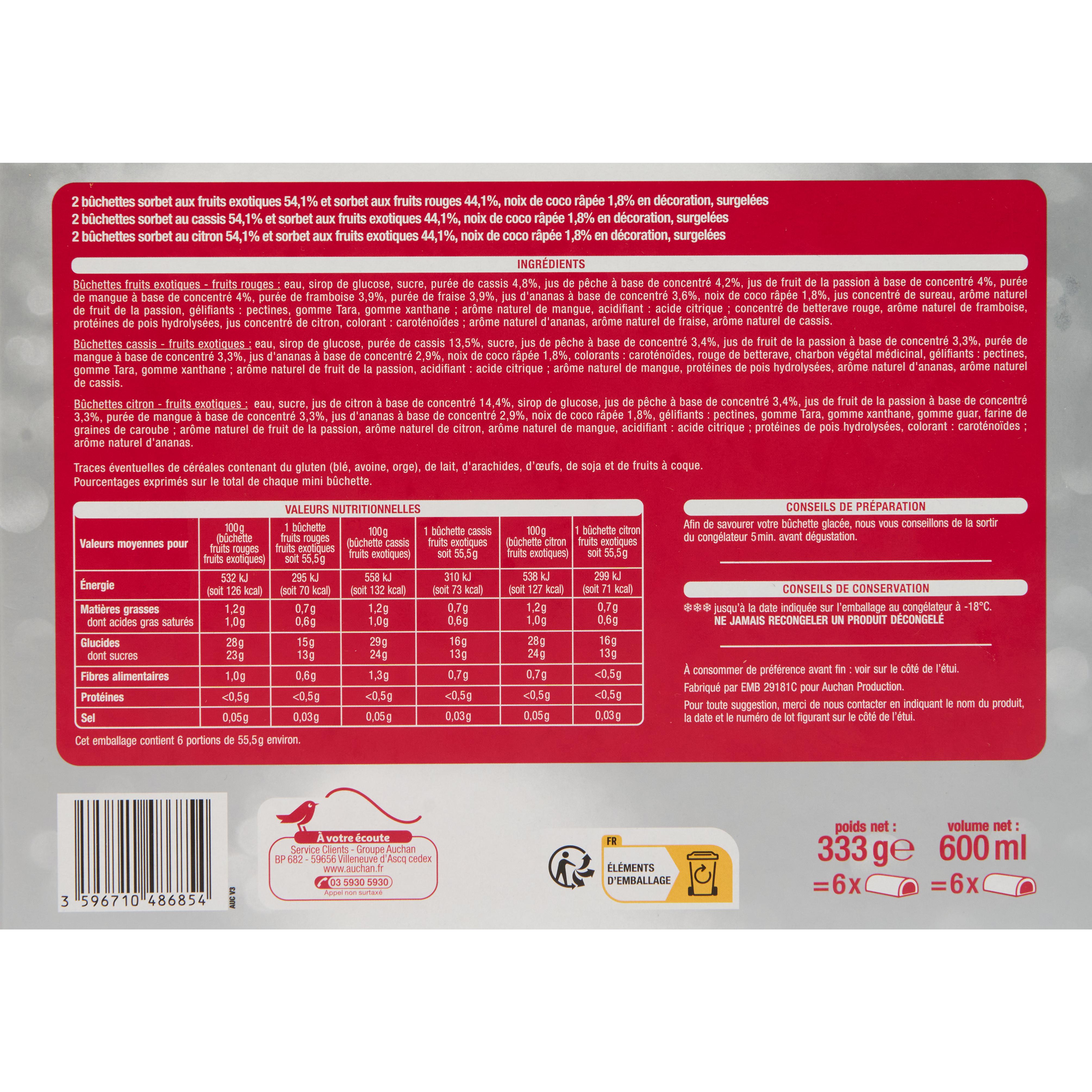 Voir la diapositive 2 : AUCHAN Bûchettes glacées individuelles fruits exotiques fruits rouges cassis citron 6 pièces 333g