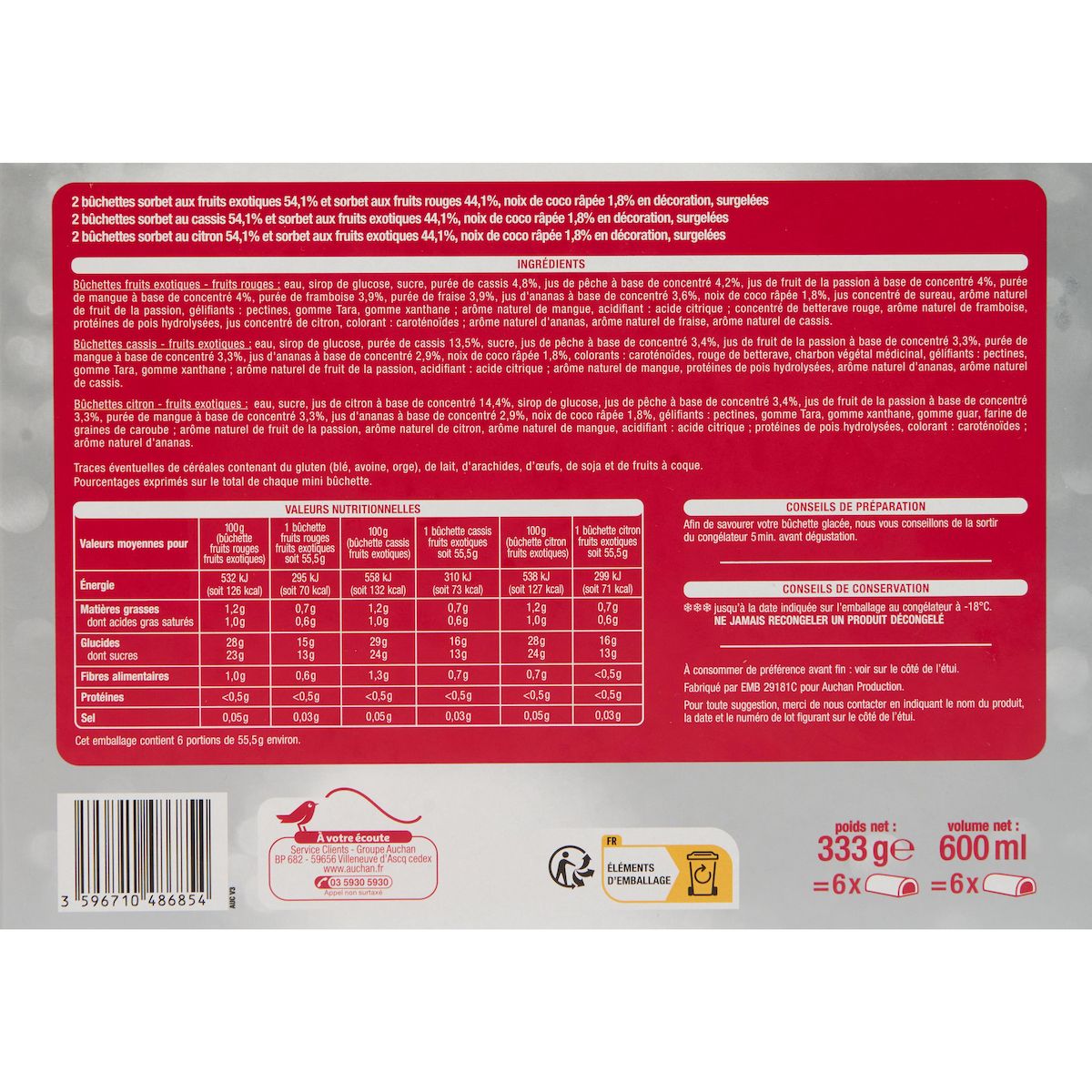 AUCHAN Bûchettes glacées individuelles fruits exotiques fruits rouges cassis citron 6 pièces 333g