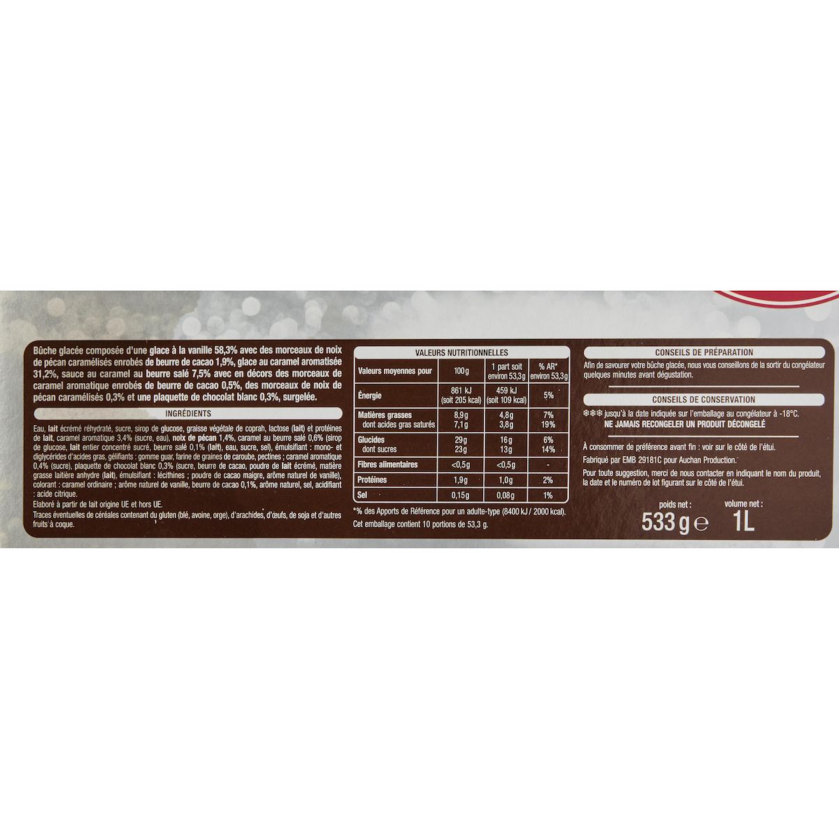 AUCHAN Bûche glacée vanille caramel pécan 8-10 parts 533g