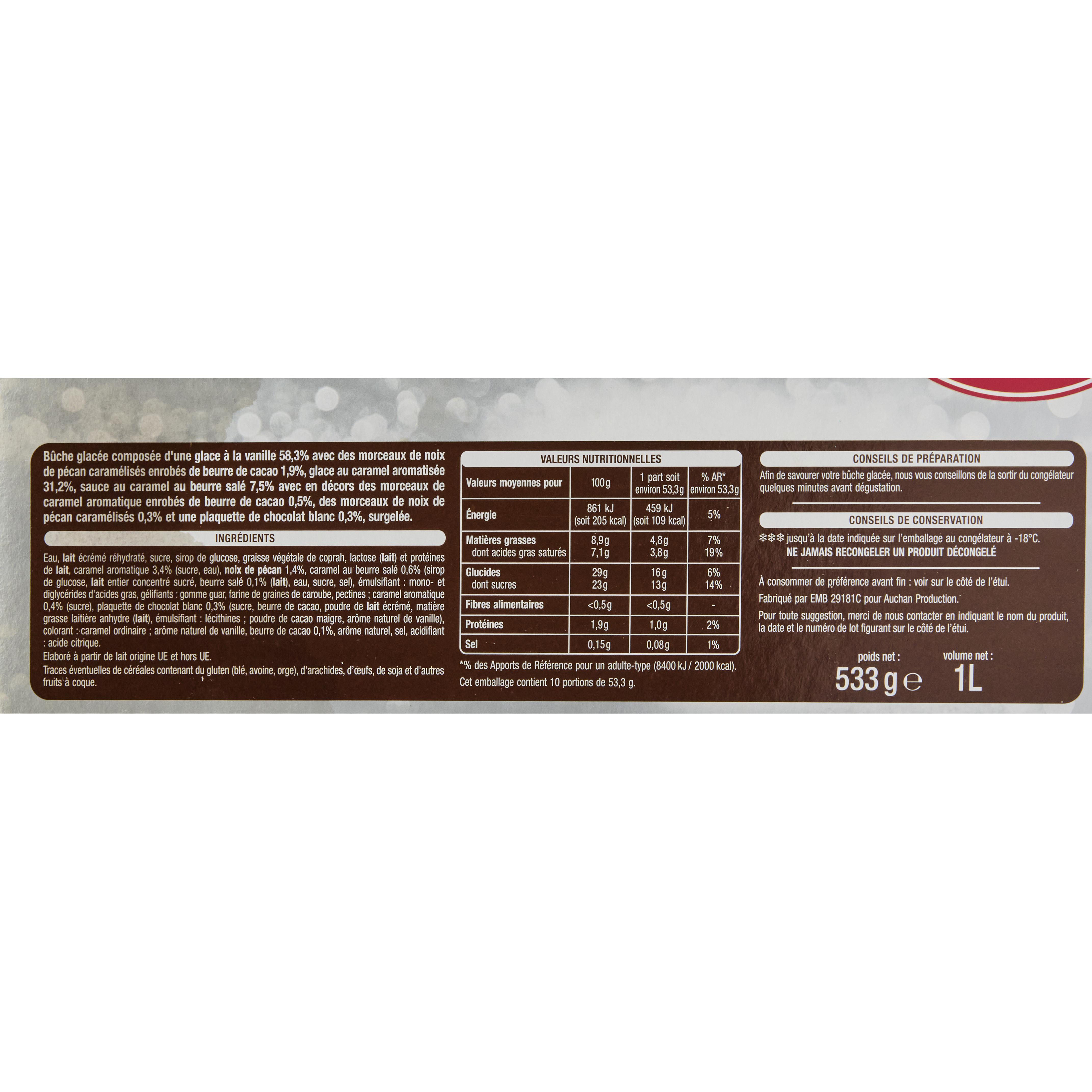Voir la diapositive 3 : AUCHAN Bûche glacée vanille caramel pécan 8-10 parts 533g