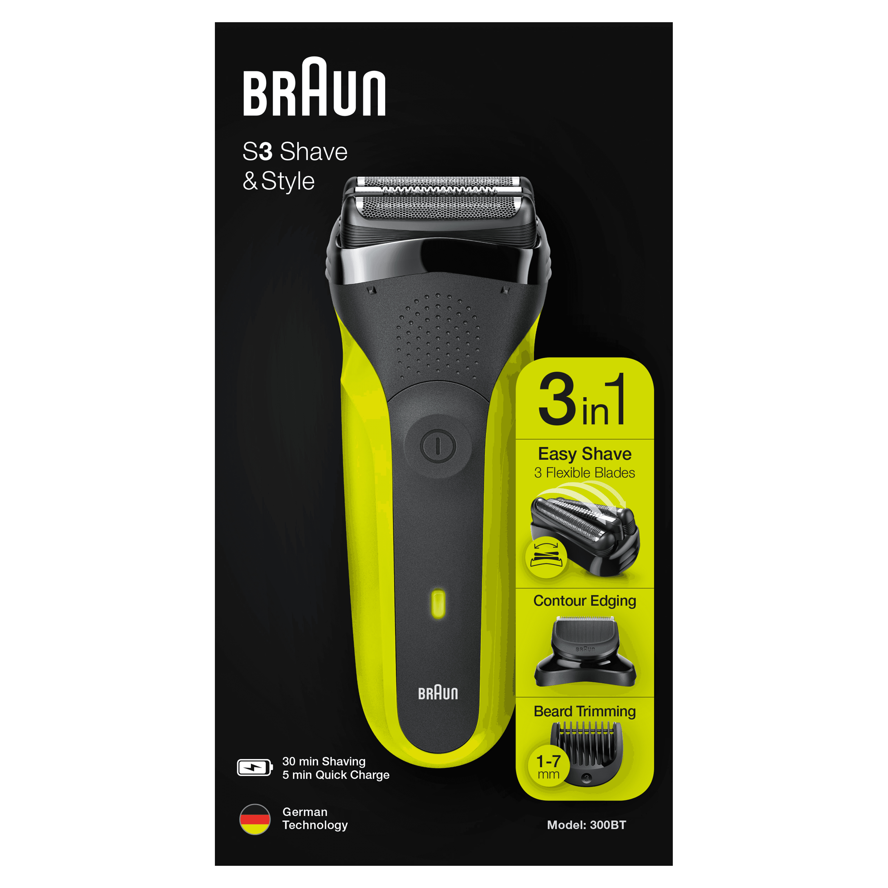 Voir la diapositive 2 : BRAUN Rasoir Électrique 3-En-1 Series&nbsp;3 Shave&Style 3300BT - Noir et Vert