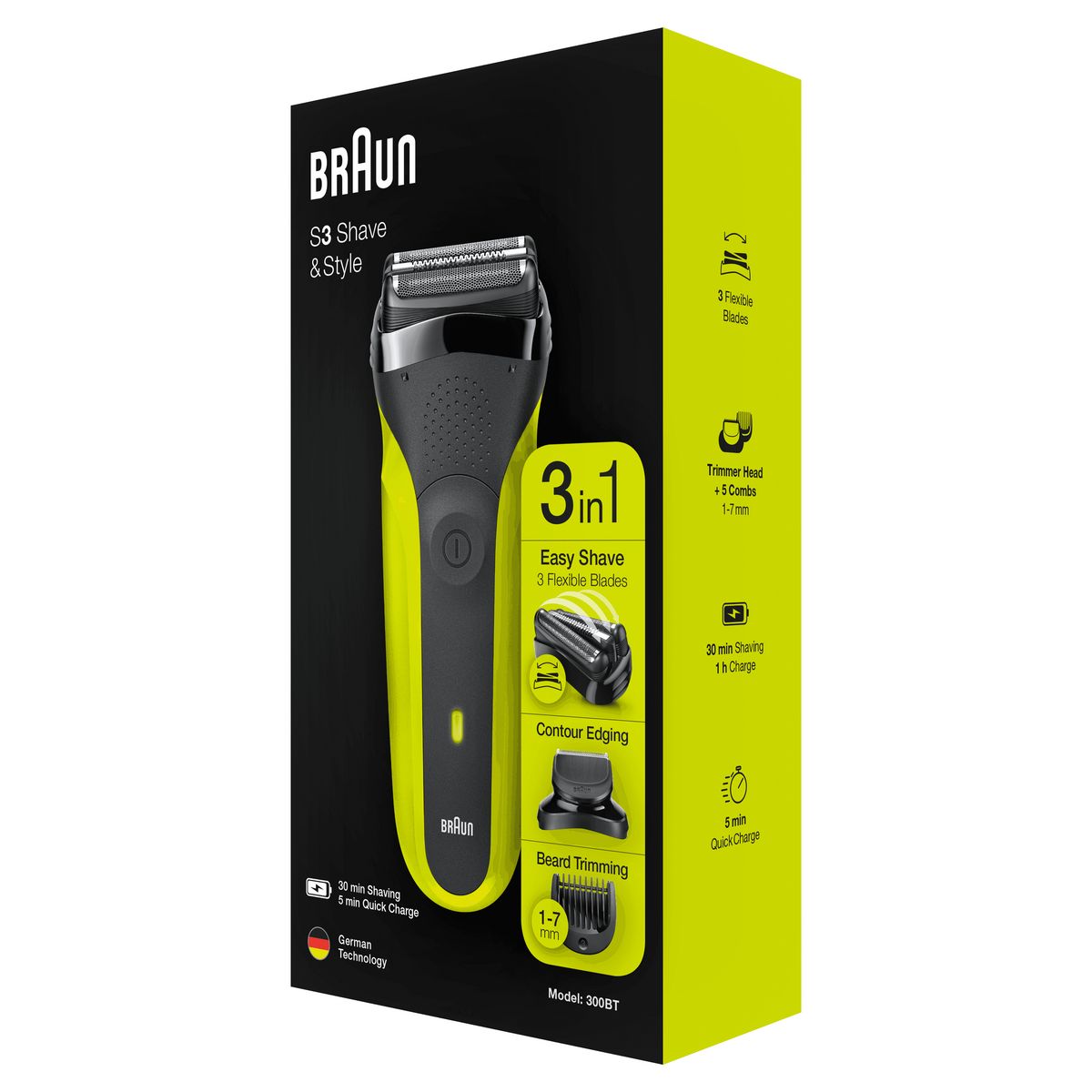 BRAUN Rasoir Électrique 3-En-1 Series&nbsp;3 Shave&Style 3300BT - Noir et Vert