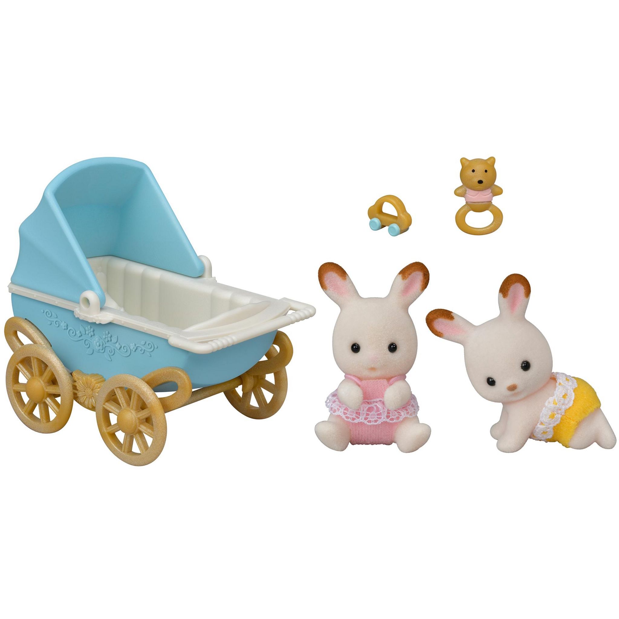Voir la diapositive 2 : EPOCH D'ENFANCE Figurines Les lapins Jumeaux chocolat et la poussette double Sylvanian Families