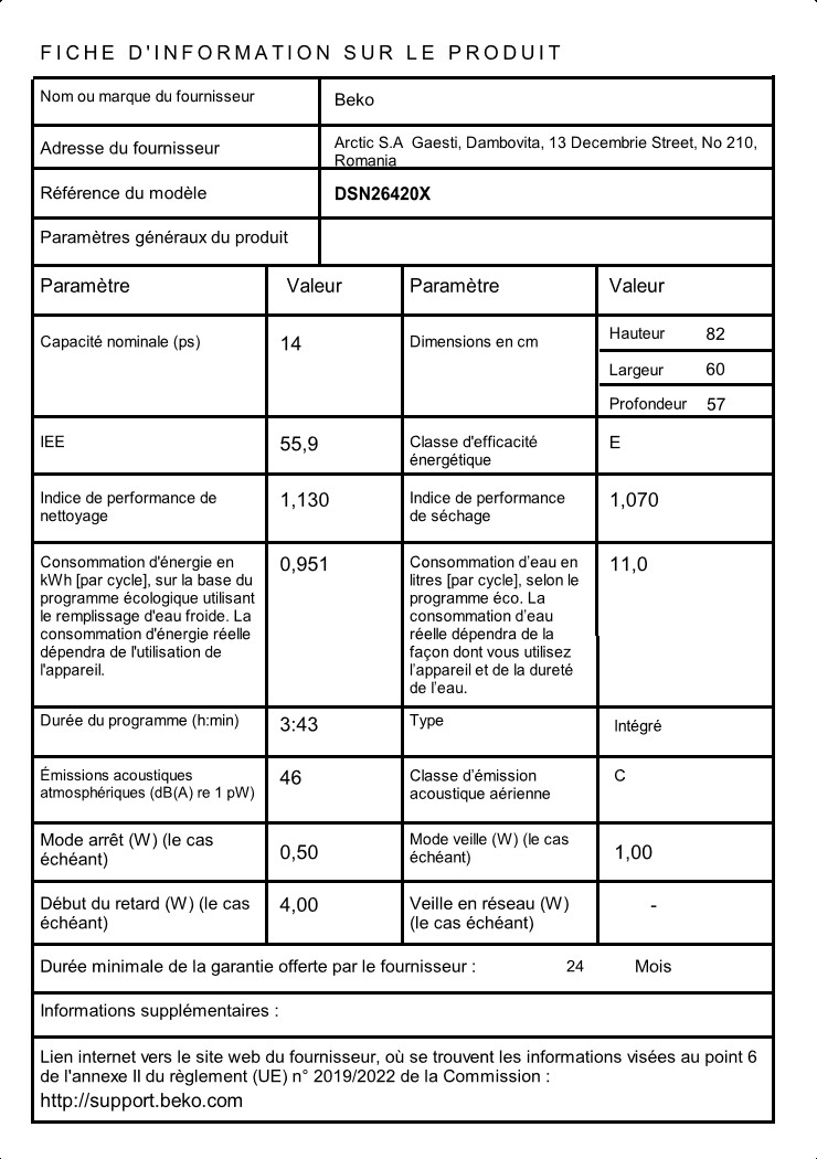 Voir la diapositive 5 : BEKO Lave vaisselle intégrable DSN26420X, 14 couverts, 60 cm, 46 dB, 6 programmes