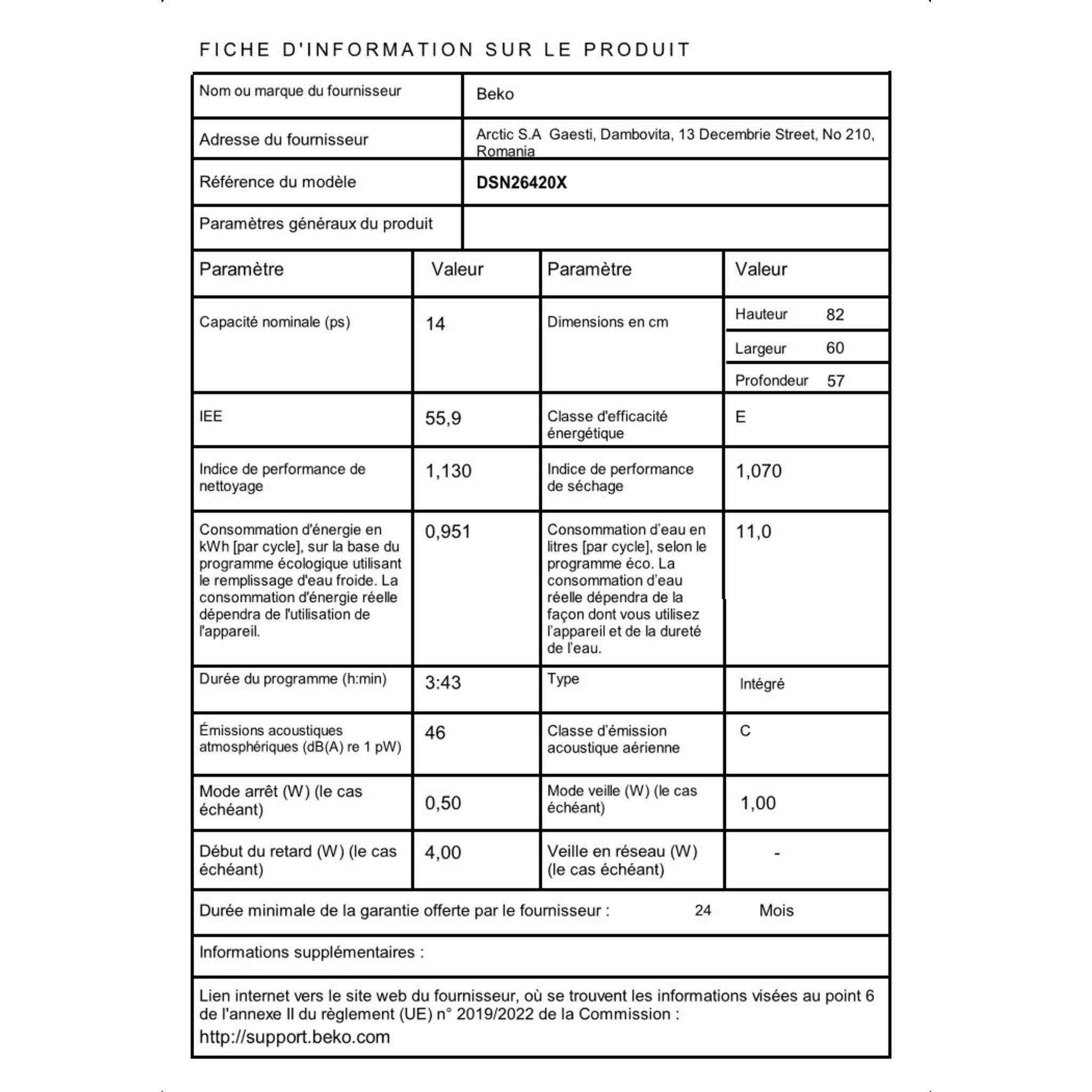 Voir la diapositive 5 : BEKO Lave vaisselle intégrable DSN26420X, 14 couverts, 60 cm, 46 dB, 6 programmes