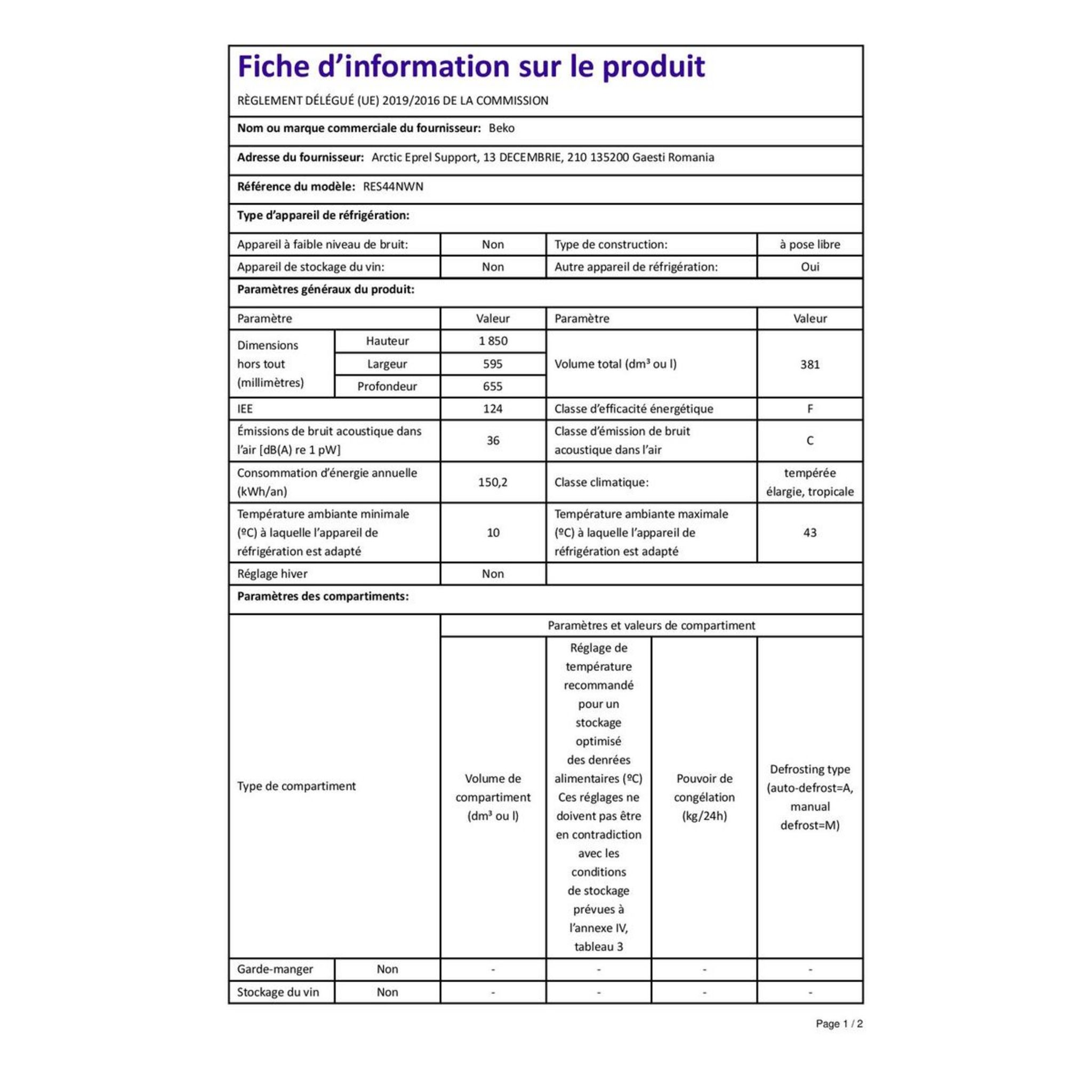 Voir la diapositive 8 : BEKO Réfrigérateur armoire RES44NWN, 381 L, Froid ventilé No Frost