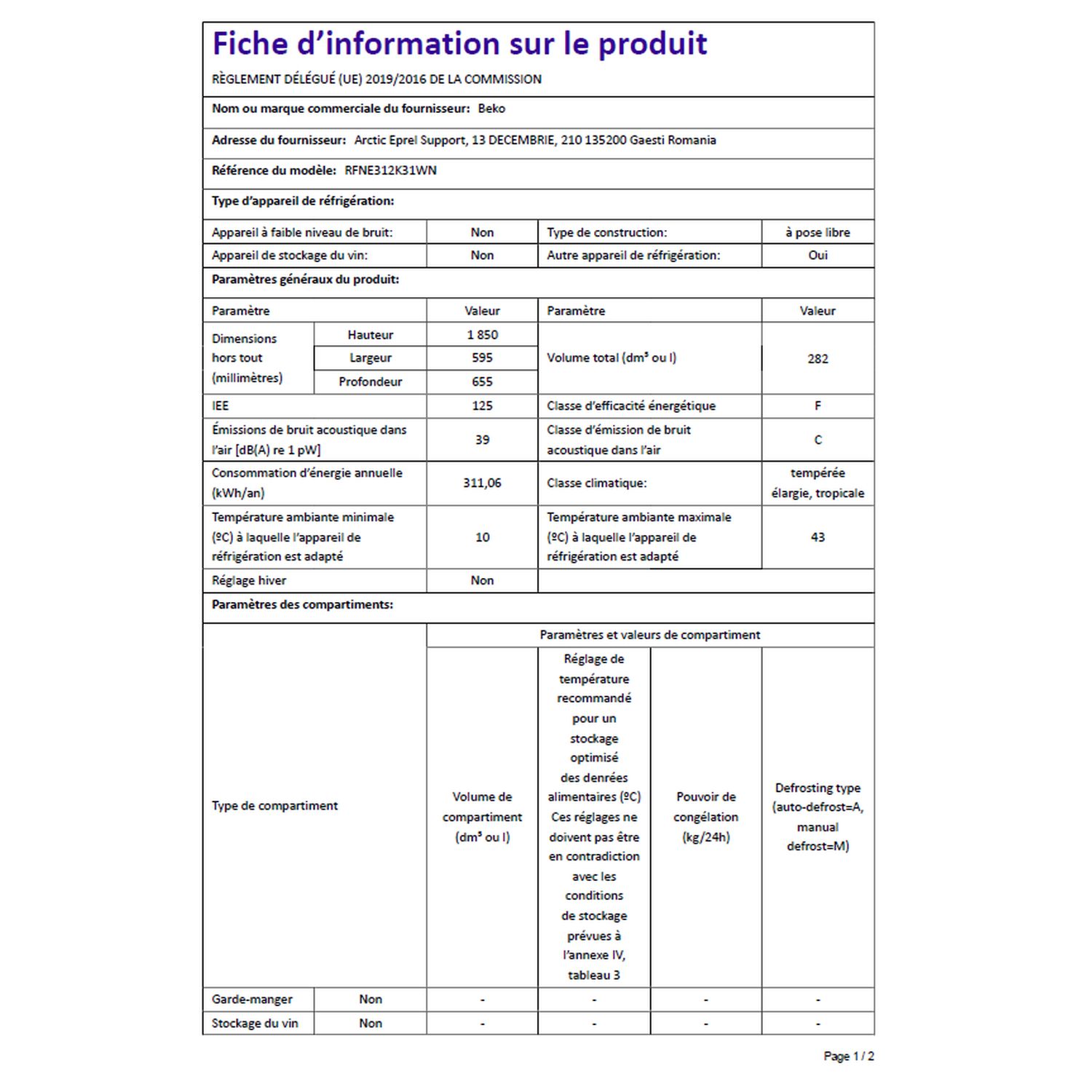 Voir la diapositive 7 : BEKO Congélateur armoire RFNE312K31WN, 282 L, Froid ventilé No Frost
