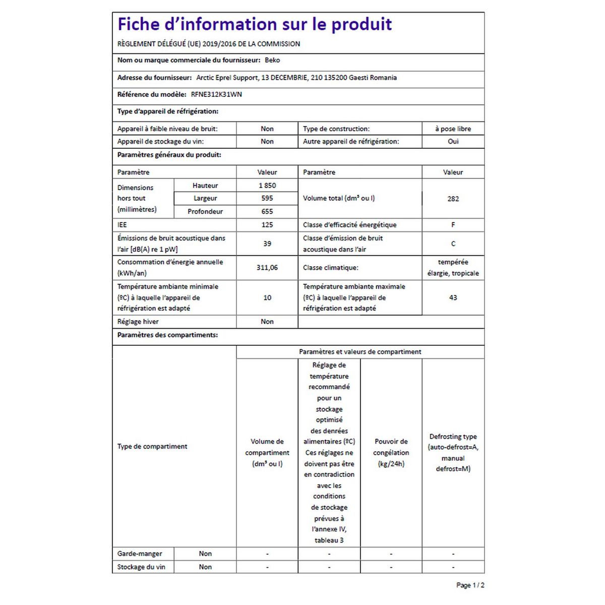 BEKO Congélateur armoire RFNE312K31WN, 282 L, Froid ventilé No Frost