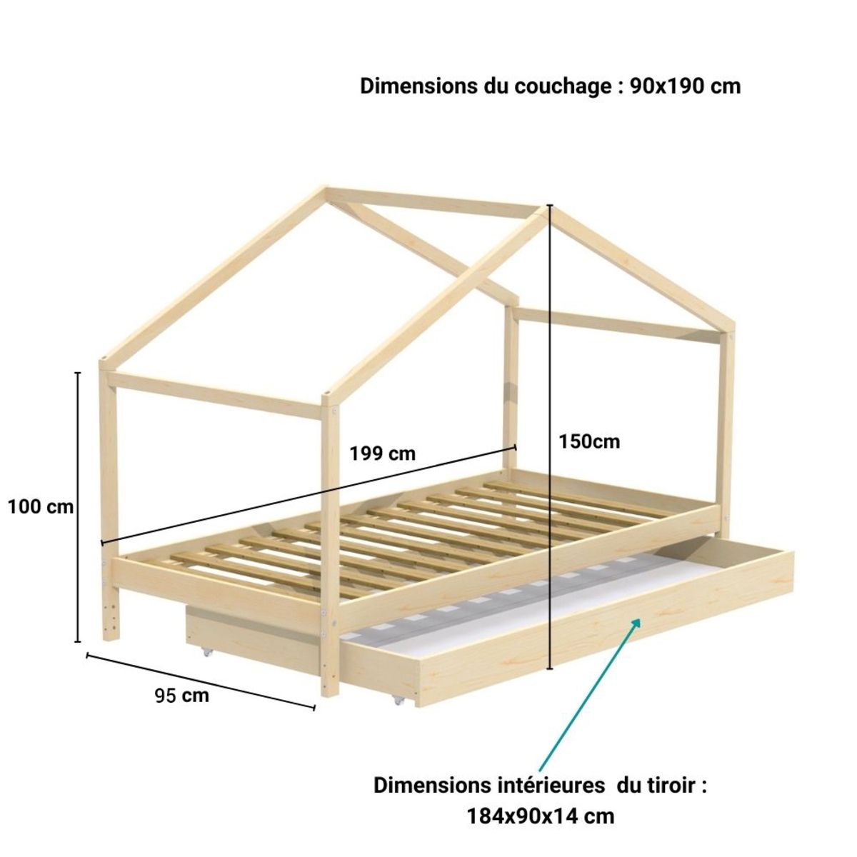 Lit cabane en bois massif avec tiroir 90 x 190 cm JULES