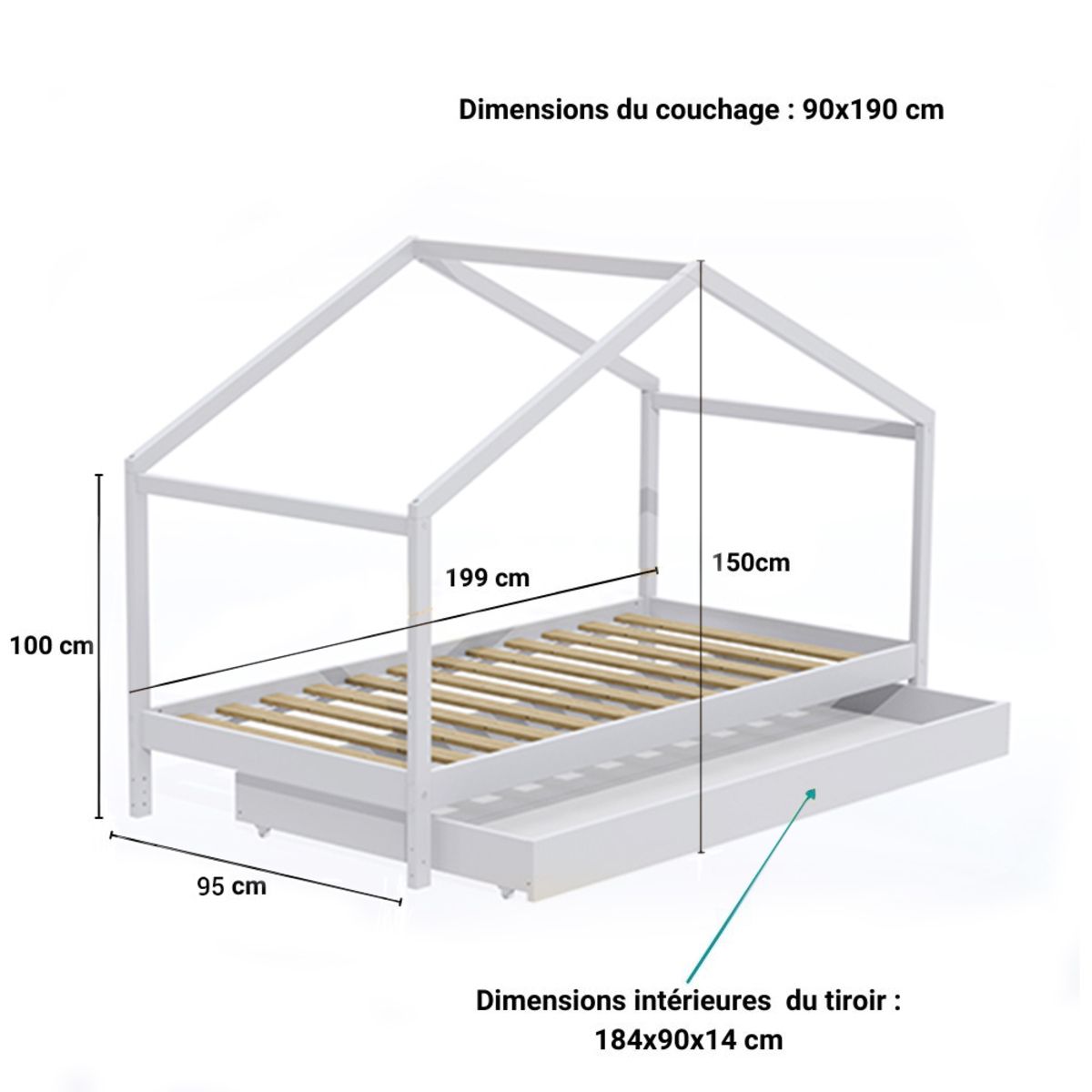 Lit cabane en bois massif avec tiroir 90 x 190 cm JULES