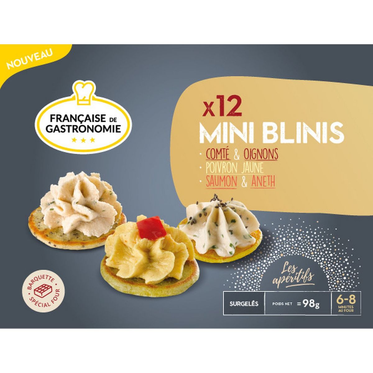 FRANCAISE DE GASTRONOMIE Mini blinis comté oignon poivron jaune saumon aneth 12 pièces 98g