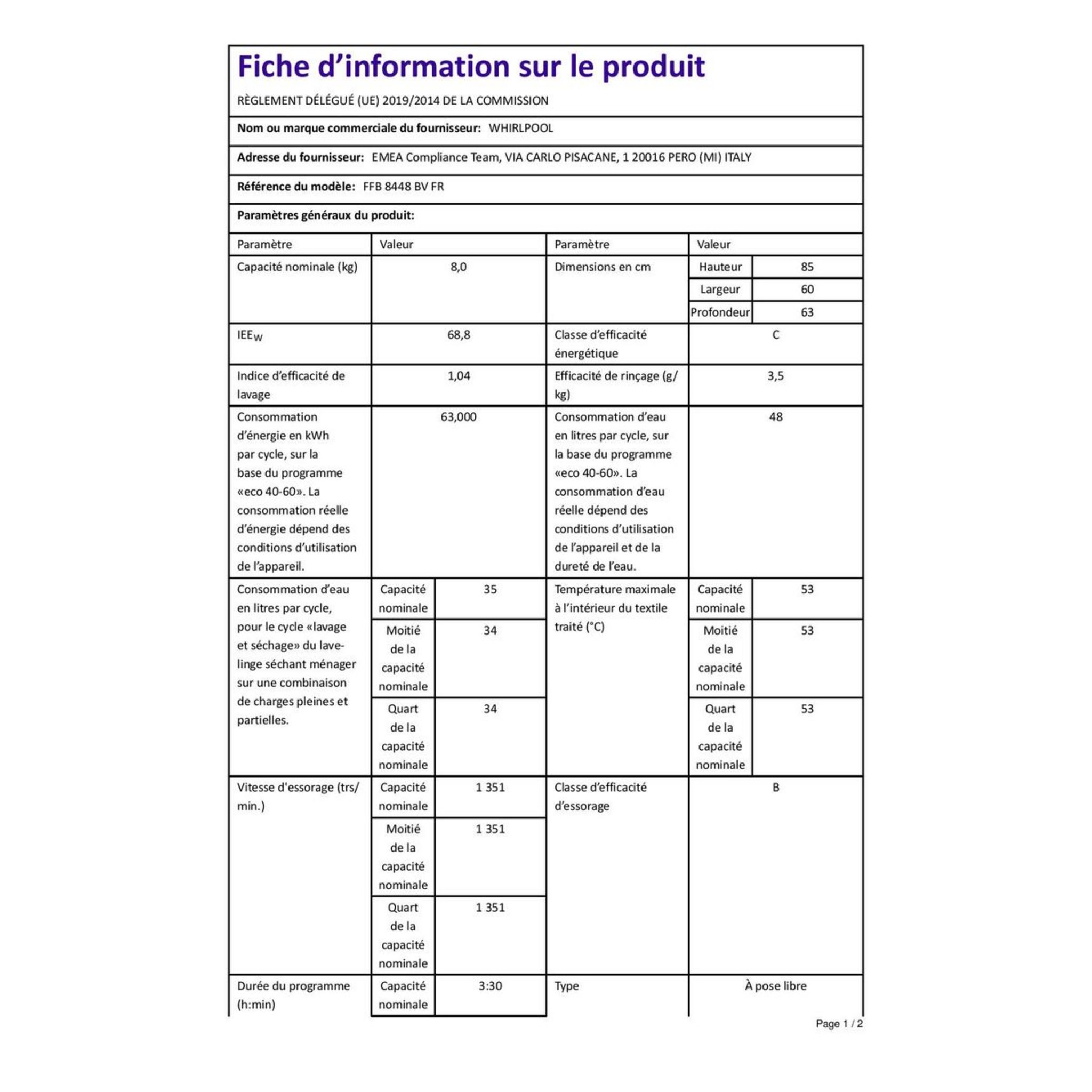 Voir la diapositive 4 : WHIRLPOOL Lave linge hublot FFB8448BVFR, 8 kg, 1400 T/min