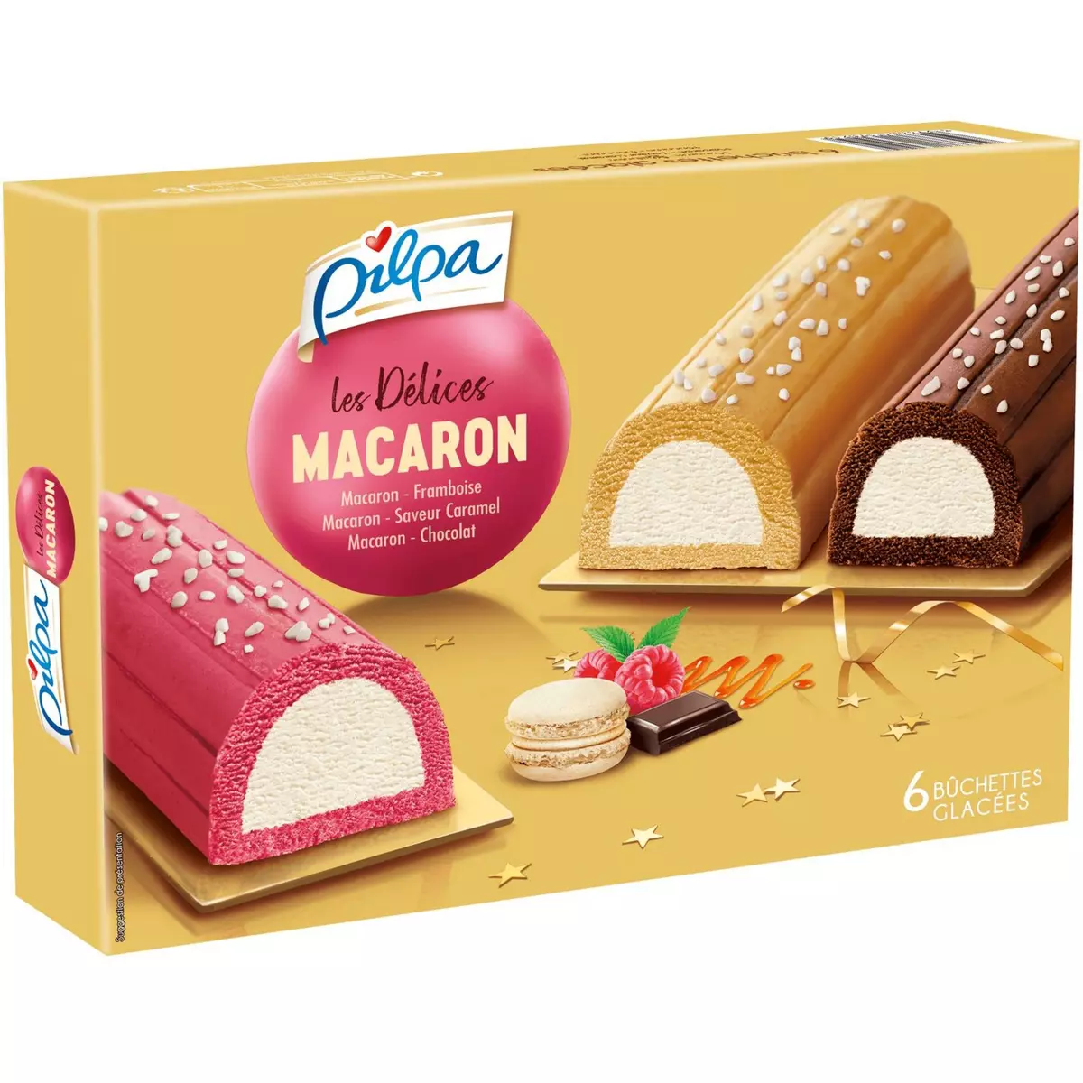 PILPA Bûchette glacée macaron framboise saveur caramel chocolat 6 pièces 339g