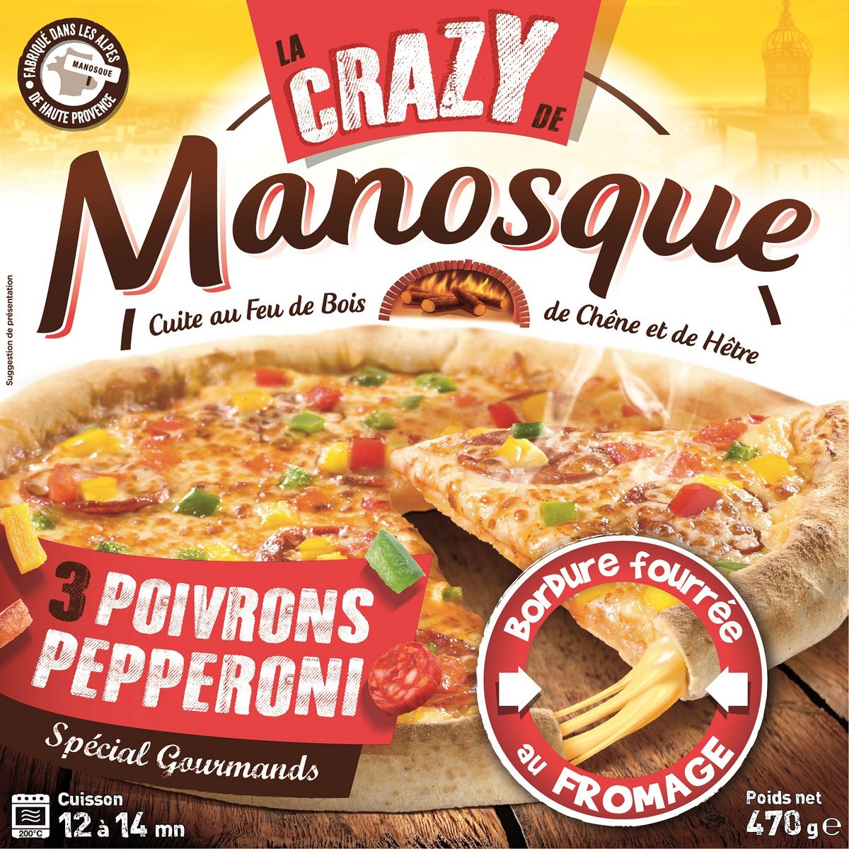 MANOSQUE La Crazy Pizza aux 3 poivrons pepperoni bordure fourrée au fromage 470g