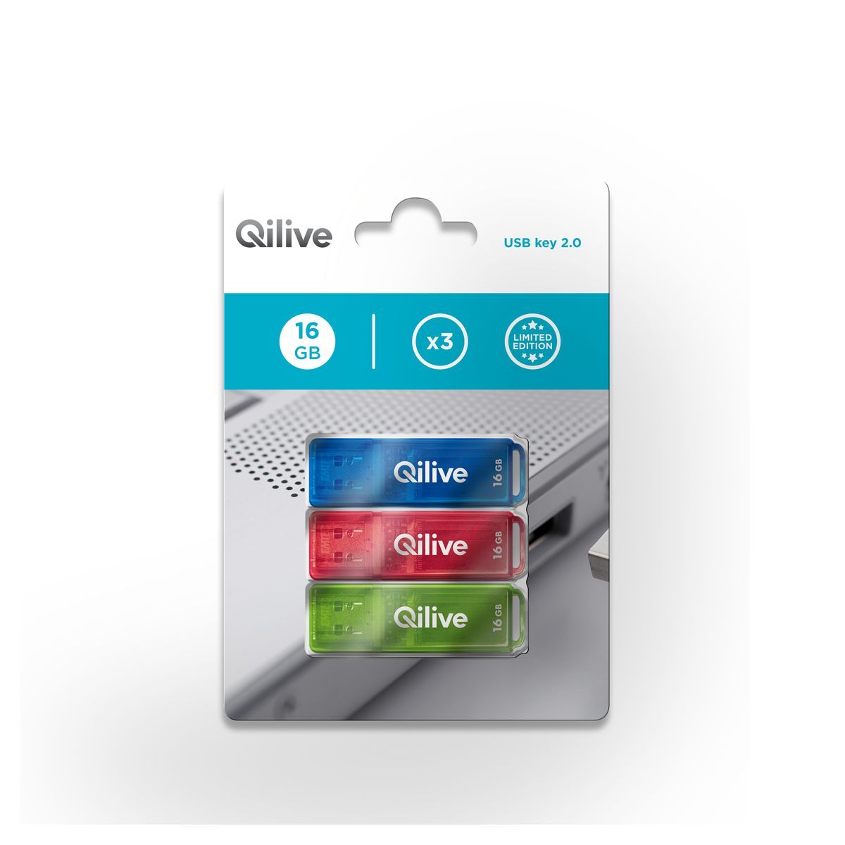 QILIVE Lot de 3 clés USB - 16 Go - Bleu, Rose, Vert