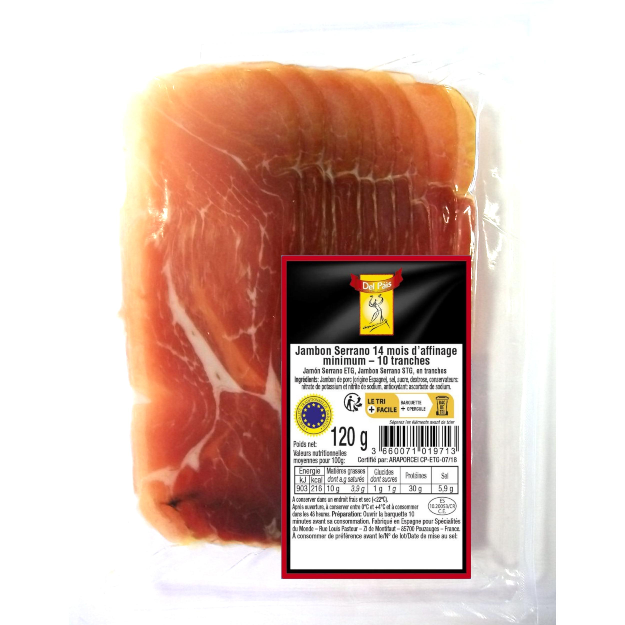 DEL PAIS Jambon Serrano STG 14 mois d'affinage minimum 10 tranches 120g