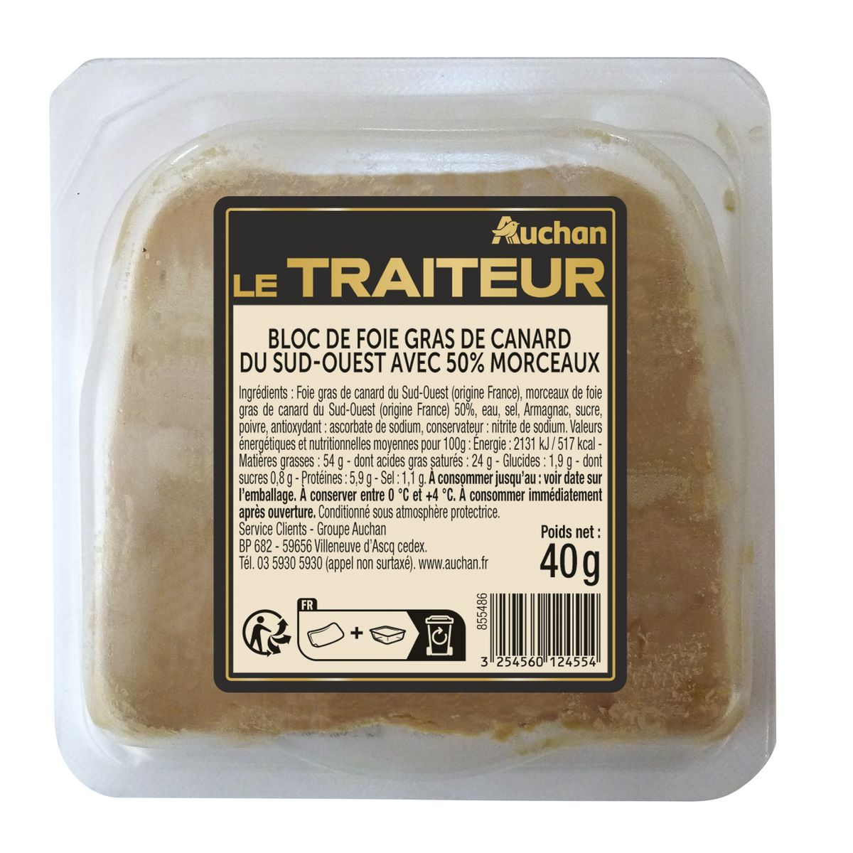 AUCHAN Bloc de foie gras avec 50% de morceaux de canard du Sud-Ouest   40g