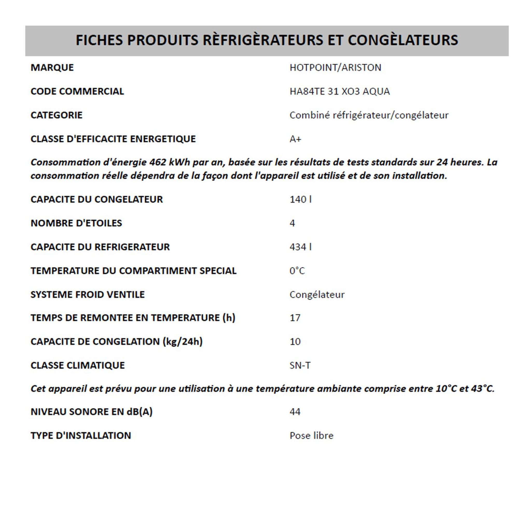 Voir la diapositive 6 : HOTPOINT Réfrigérateur combiné HA84TE31XO3AQUA, 574 L, Froid ventilé No frost