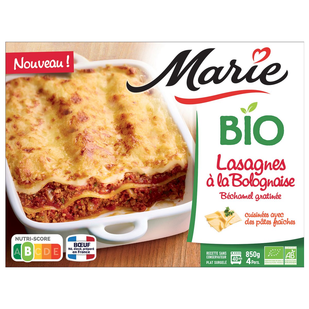 MARIE Lasagnes bio à la bolognaise béchamel gratinée 4 portions 850g
