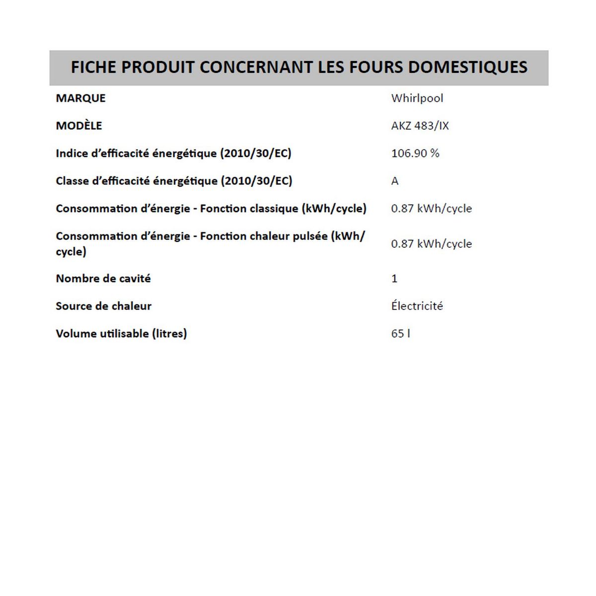 WHIRLPOOL Four encastrable AKZ483IX, 65 L, Multifonction, Chaleur tournante, Nettoyage pyrolyse